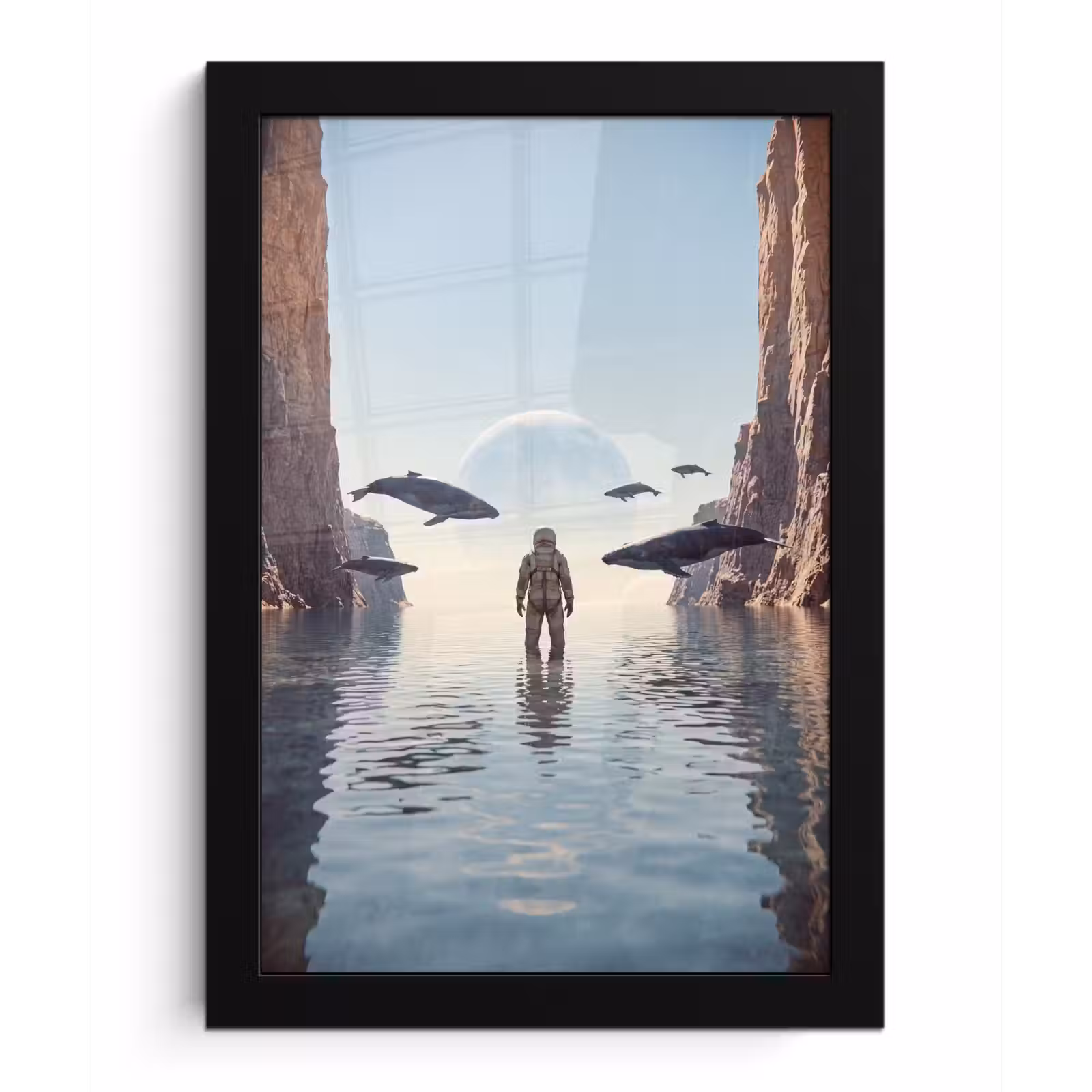 Bilder mit Rahmen - Astronaut – Wal – Fantasie - Ruimtevaarder - Walvis - Fantasie fotolijst zwart zonder passe partout klein
