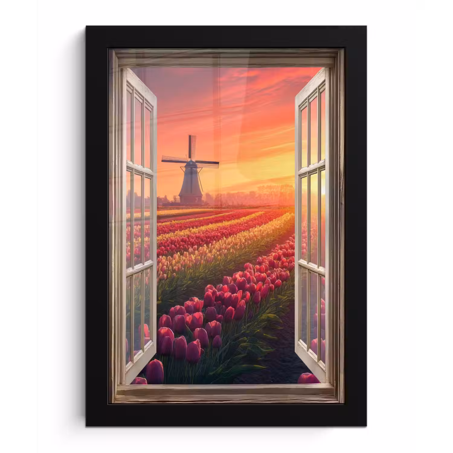 Doorkijk - Tulpen - Zonsondergang - Bloemen - Kleurrijk fotolijst zwart zonder passe partout klein -3d