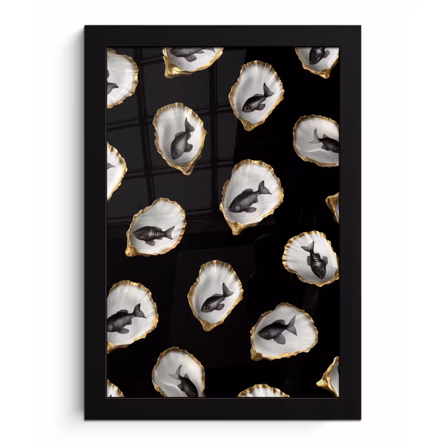 Oesters - Zwart - Vissen - Goud fotolijst zwart zonder passe partout klein -3d