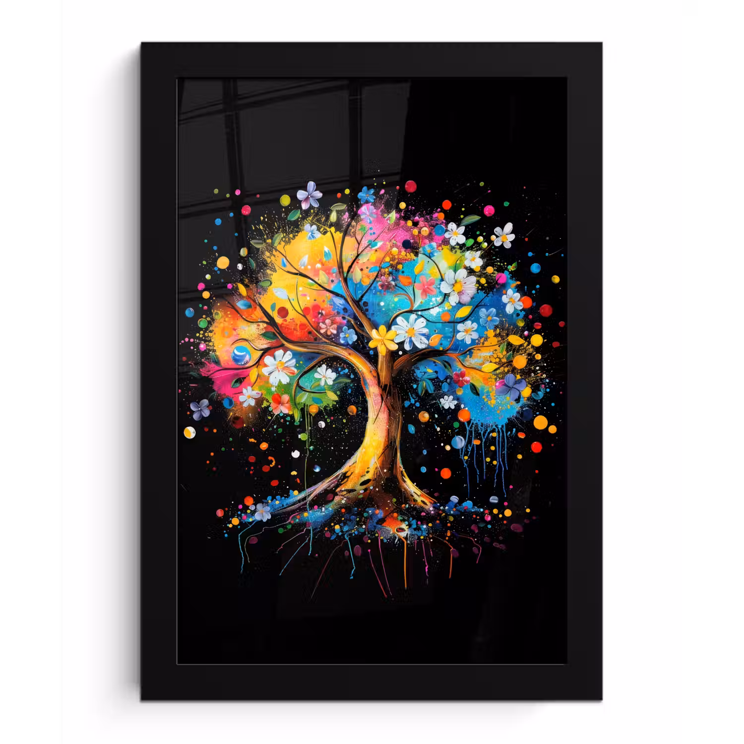 Boom - Kleurrijk - Bloemen - Zwart fotolijst zwart zonder passe partout klein -3d