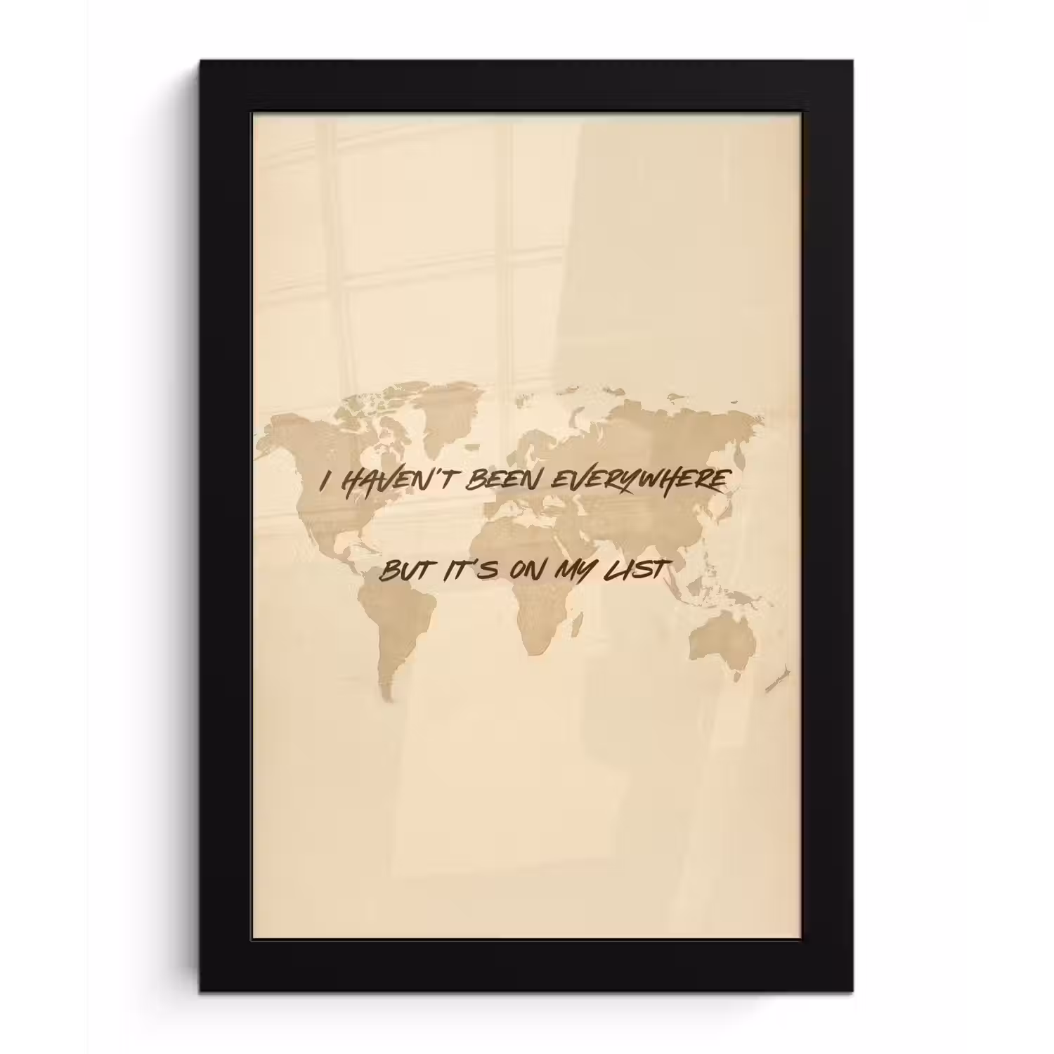 Beige - Wereldkaart - Quote - Handgeschreven fotolijst zwart zonder passe partout klein -3d