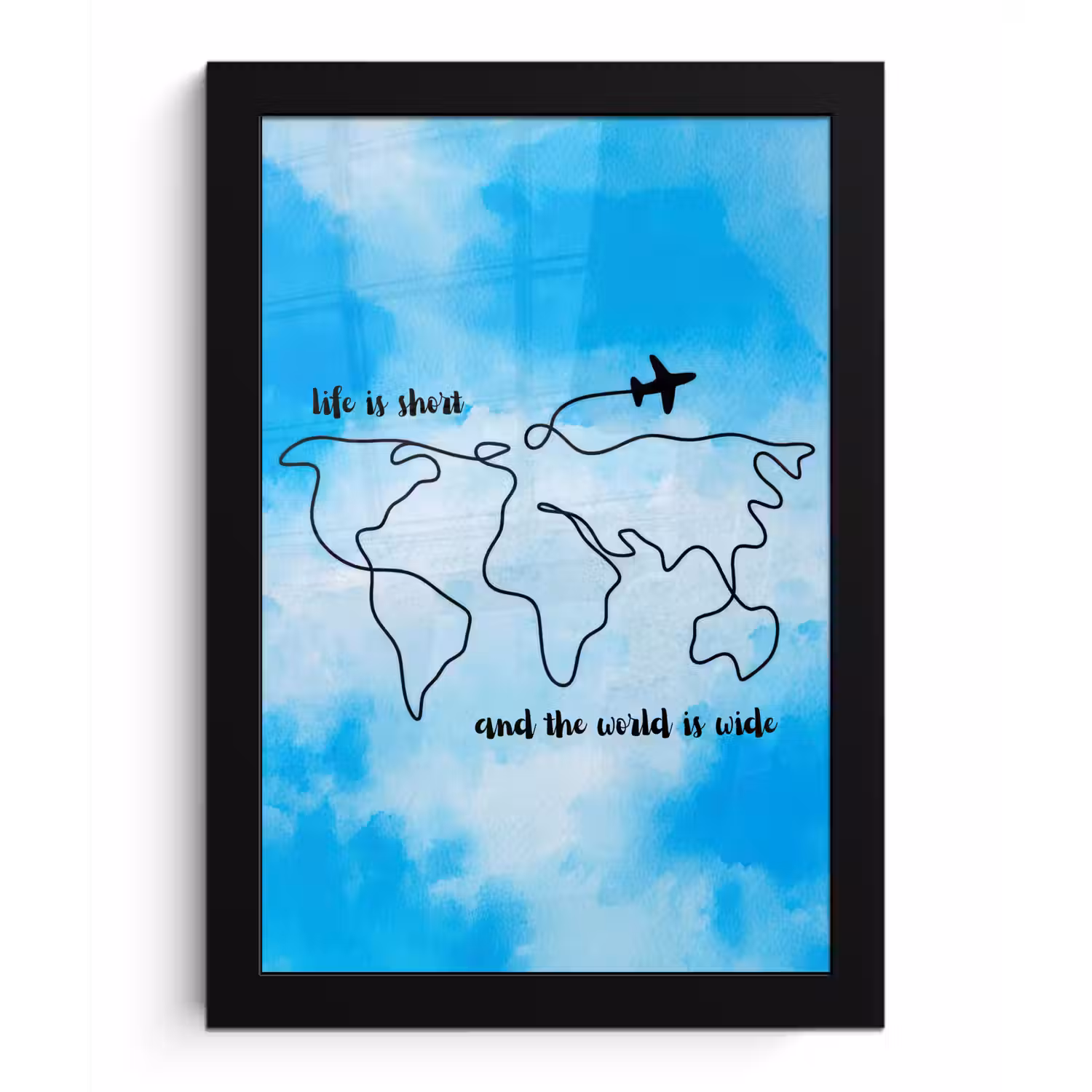 Blauw - Quote - Wereldkaart fotolijst zwart zonder passe partout klein -3d