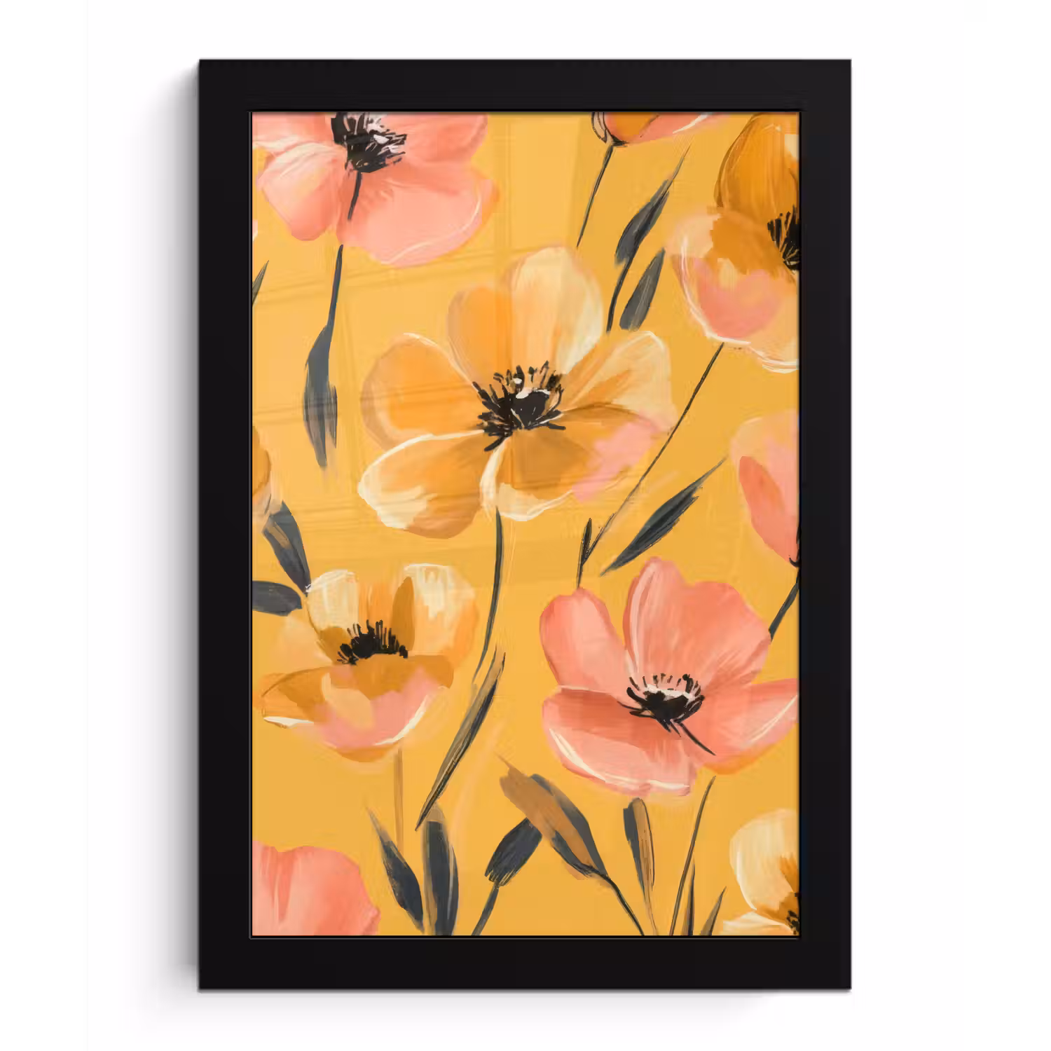Bloemen - Geschilderd - Geel fotolijst zwart zonder passe partout klein -3d