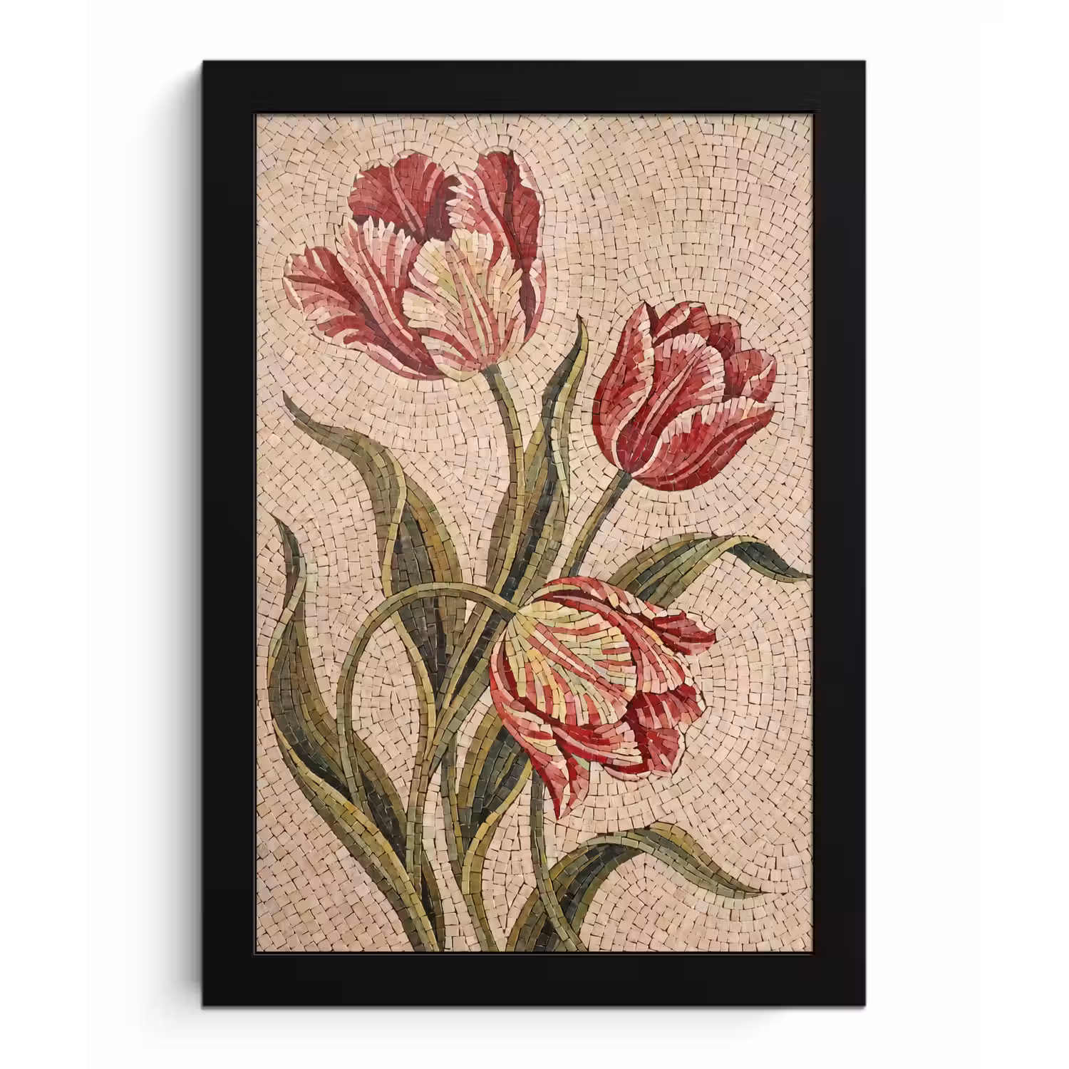 Bloemen - Mozaïek - Rood - Groen - Kunst fotolijst zwart zonder passe partout klein -3d