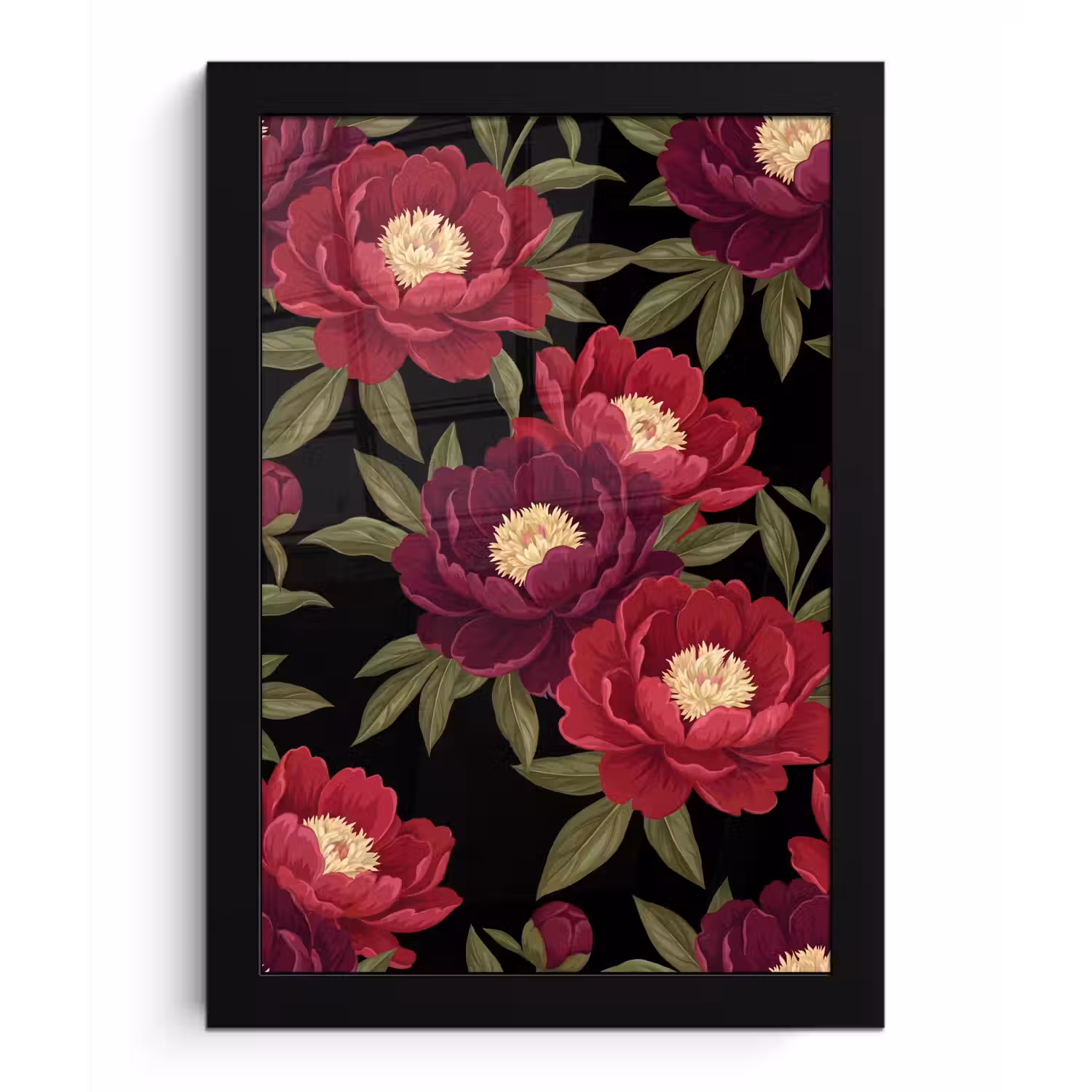 Bloemen - Patroon - Botanisch - Rood - Zwart fotolijst zwart zonder passe partout klein -3d