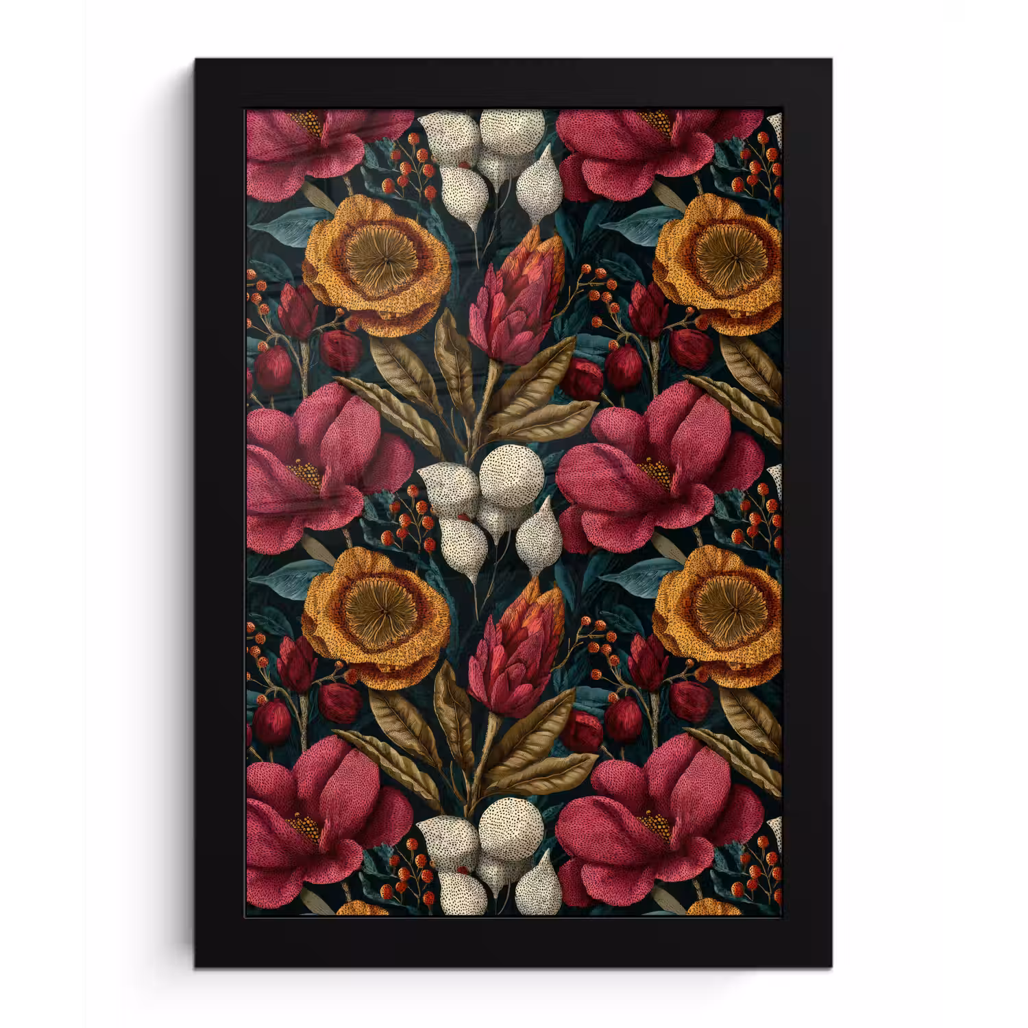 Bloemen - Patroon - Rood - Goud fotolijst zwart zonder passe partout klein 224 -3d
