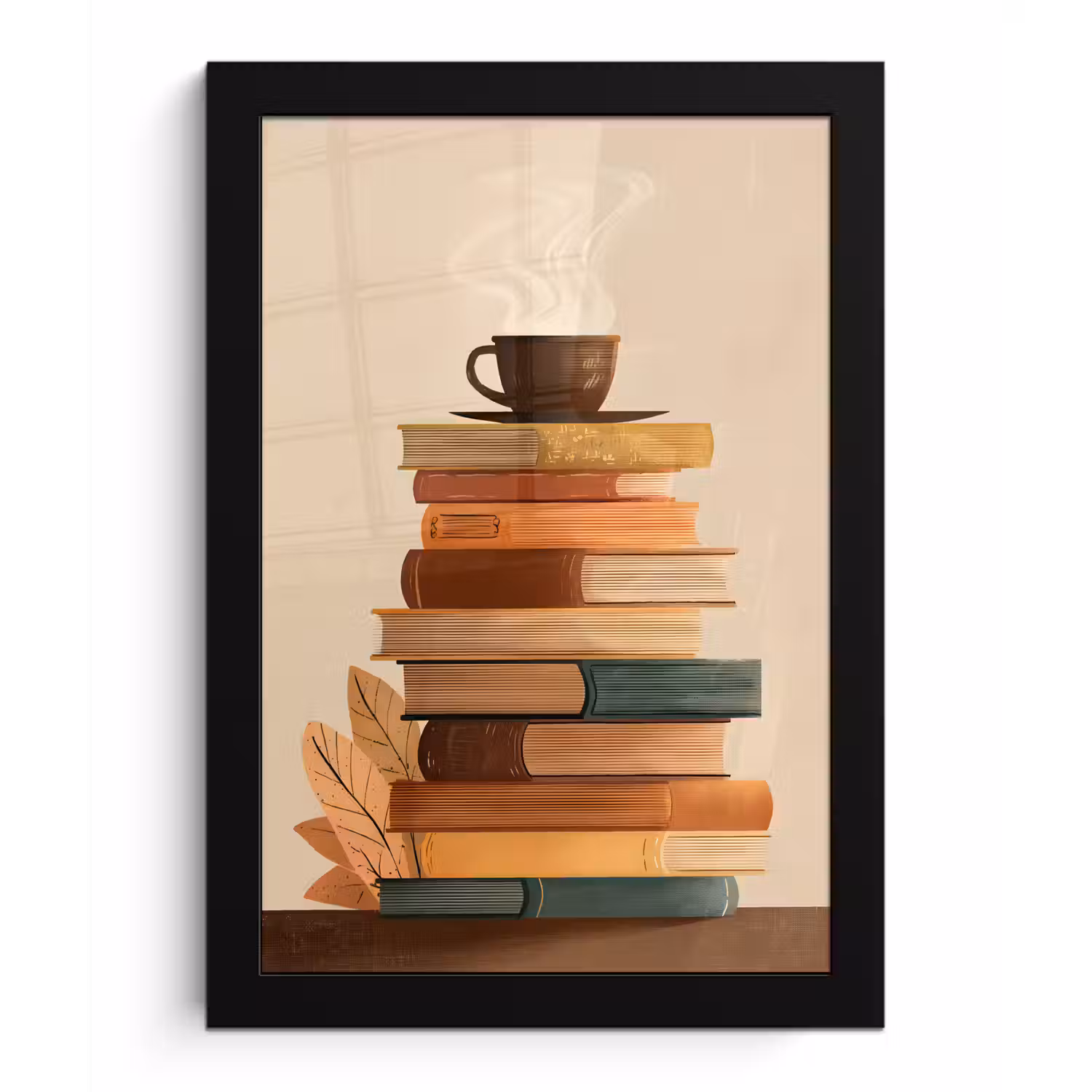 Boeken - Toren - Koffie - Beige fotolijst zwart zonder passe partout klein -3d