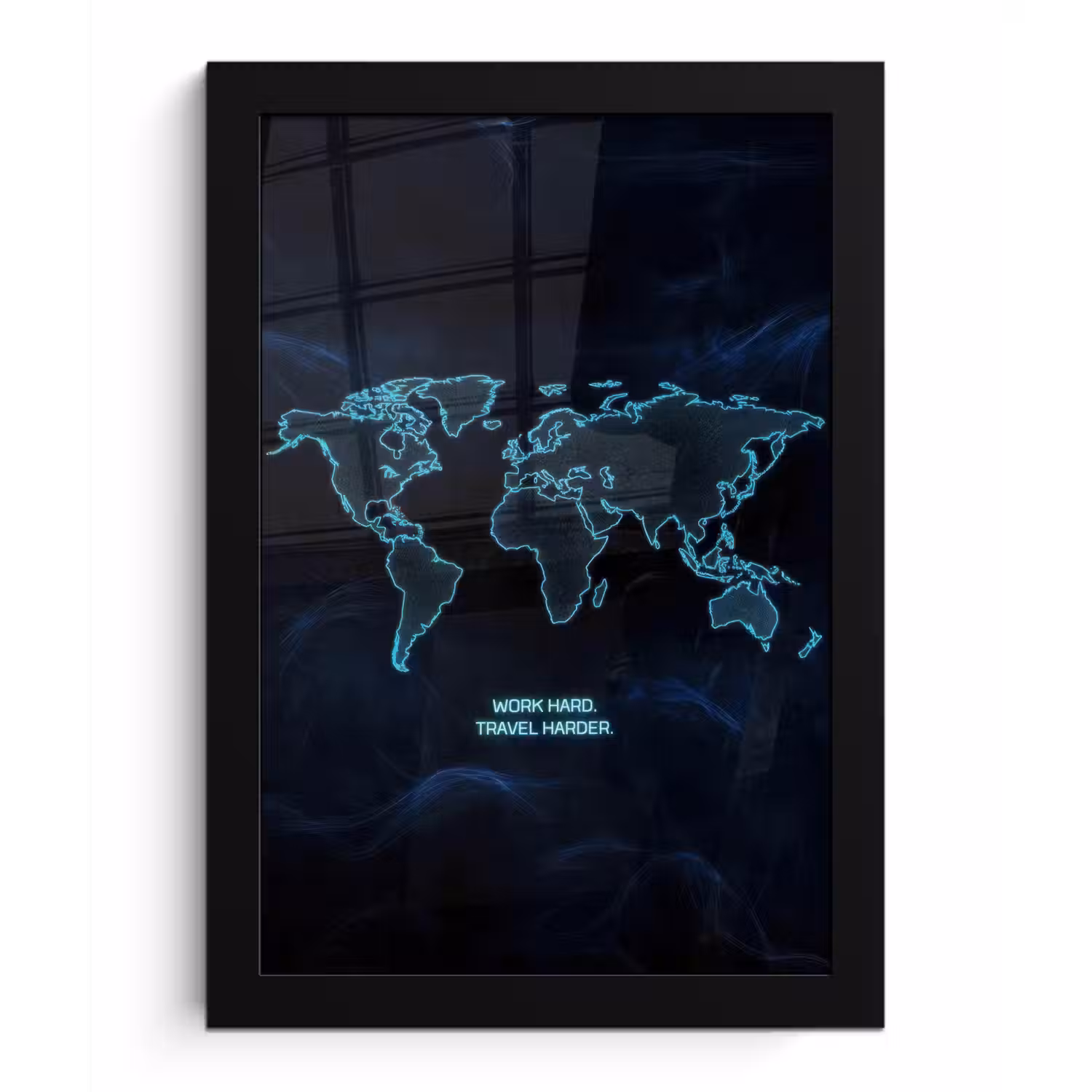 Digitaal - Wereldkaart - Blauw - Quote fotolijst zwart zonder passe partout klein -3d