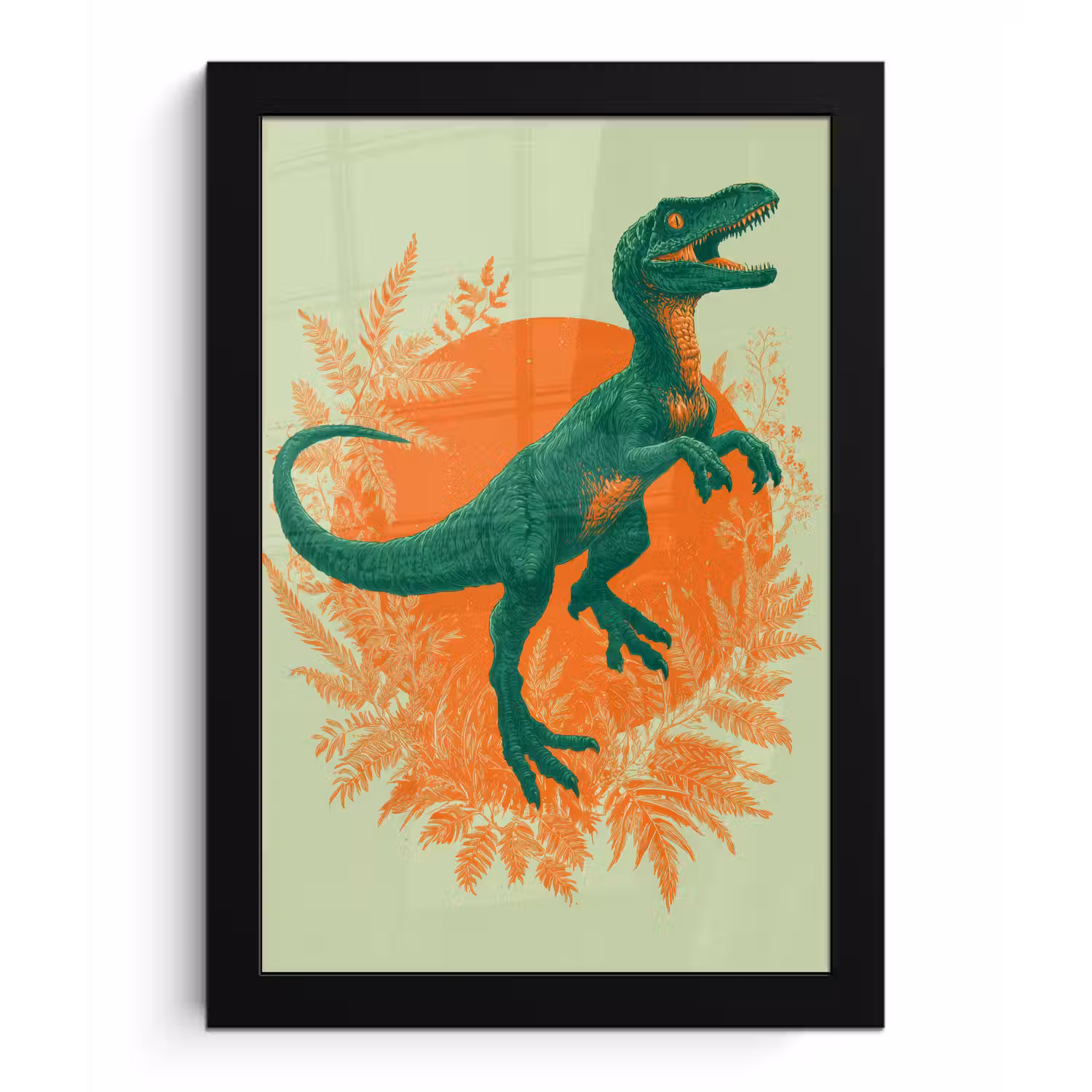 Dinosaurus - Groen - Planten - Cirkel fotolijst zwart zonder passe partout klein -3d