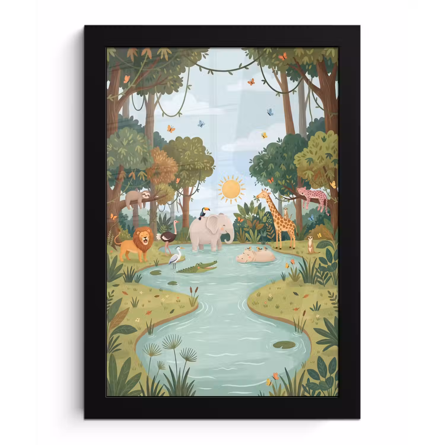Jungle - Oase - Dieren - Kleurrijk fotolijst zwart zonder passe partout klein -3d