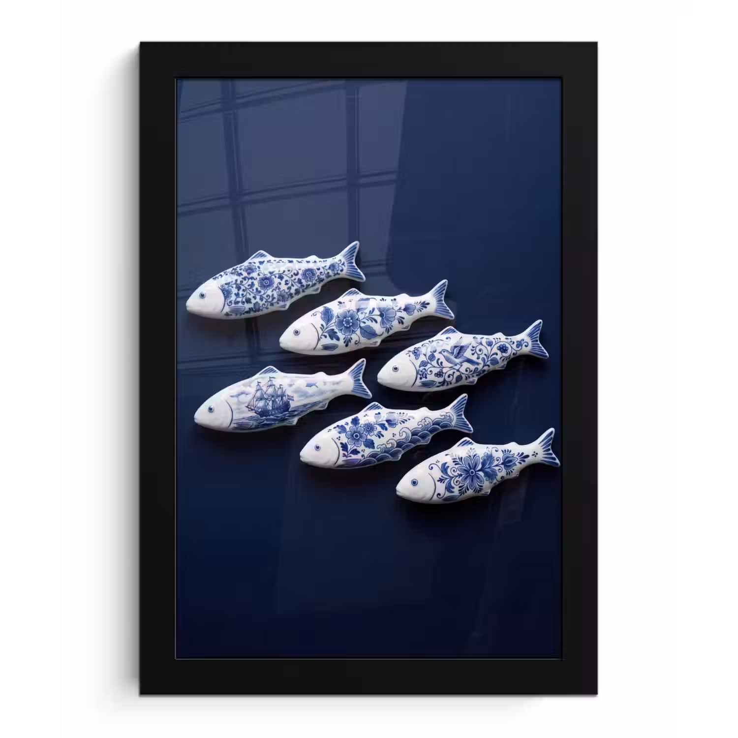 Vissen - Delfts - Blauw - Keramiek fotolijst zwart zonder passe partout klein -3d