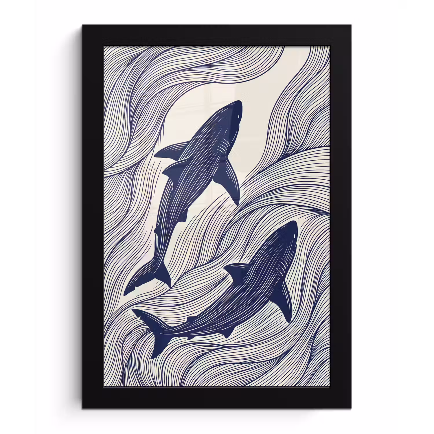 Vis - Oceaan - Lijntekening - Blauw - Dieren fotolijst zwart zonder passe partout klein -3d