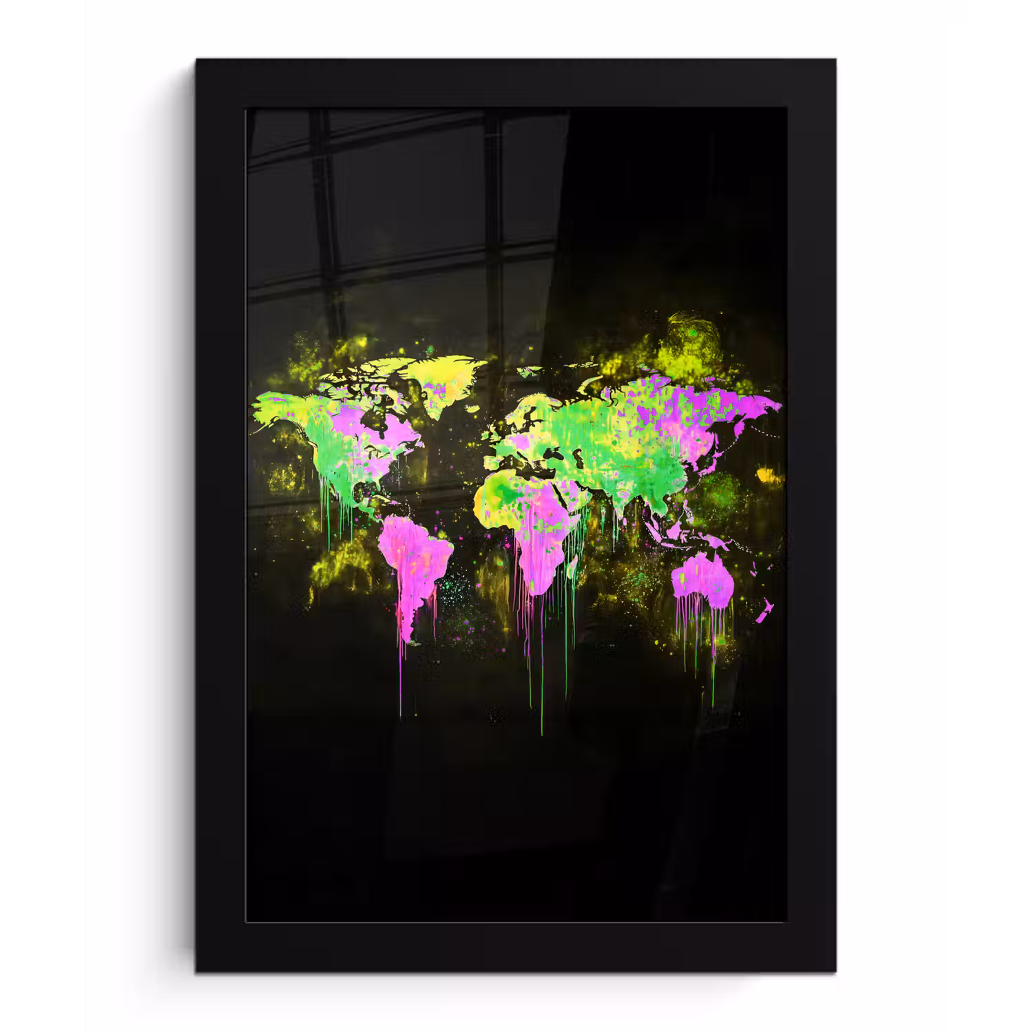 Fluorescerend - Wereldkaart - Druipen - Verf fotolijst zwart zonder passe partout klein -3d