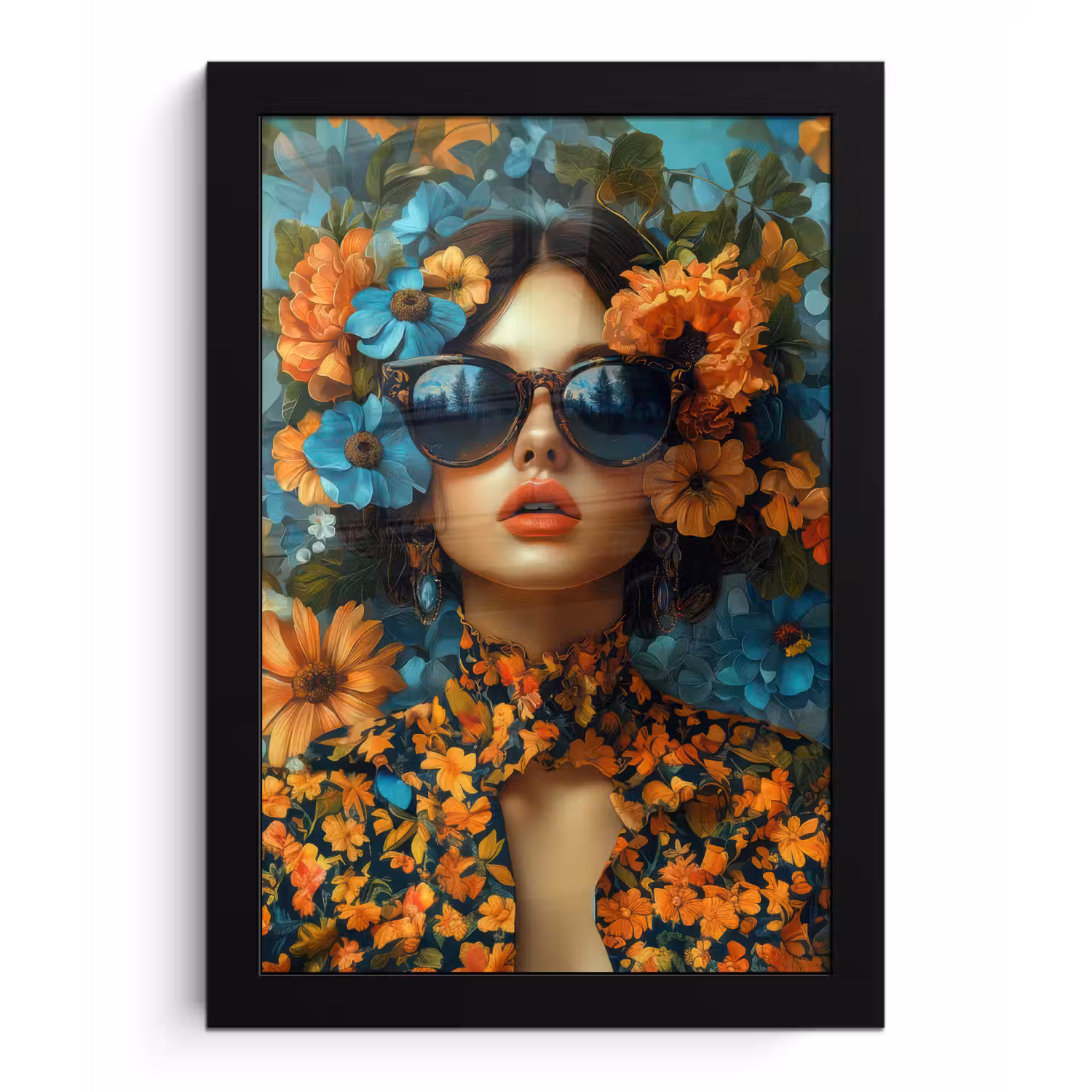 Vrouw - Bloemen - Oranje - Blauw - Modern fotolijst zwart zonder passe partout klein -3d