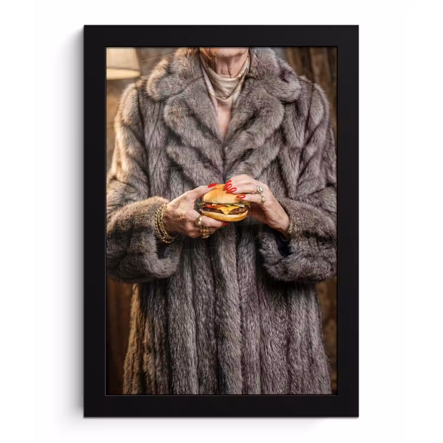 Vrouw - Hamburger - Bontjas fotolijst zwart zonder passe partout klein -3d
