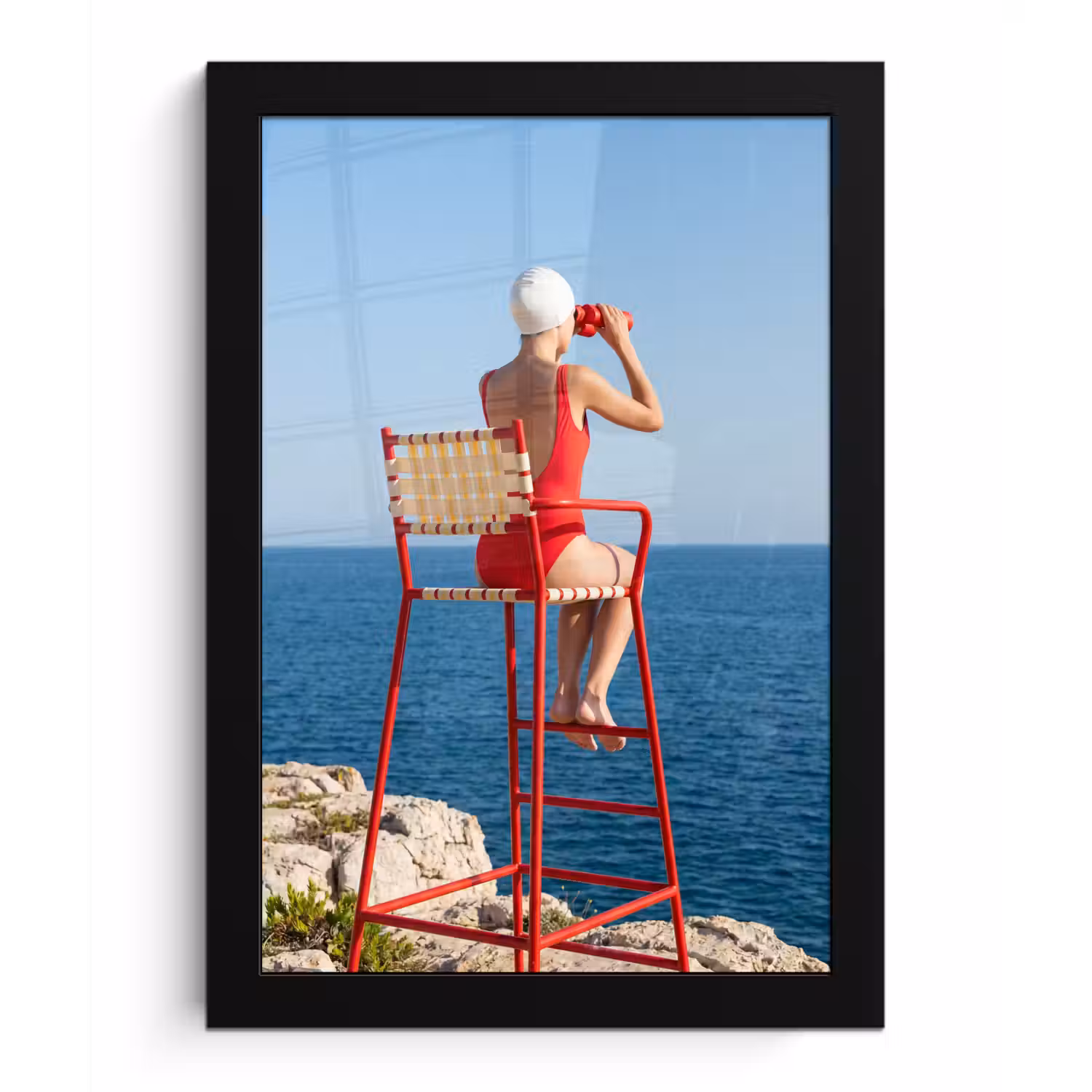 Vrouw - Zee - Kust - Verrekijker - Rood fotolijst zwart zonder passe partout klein -3d