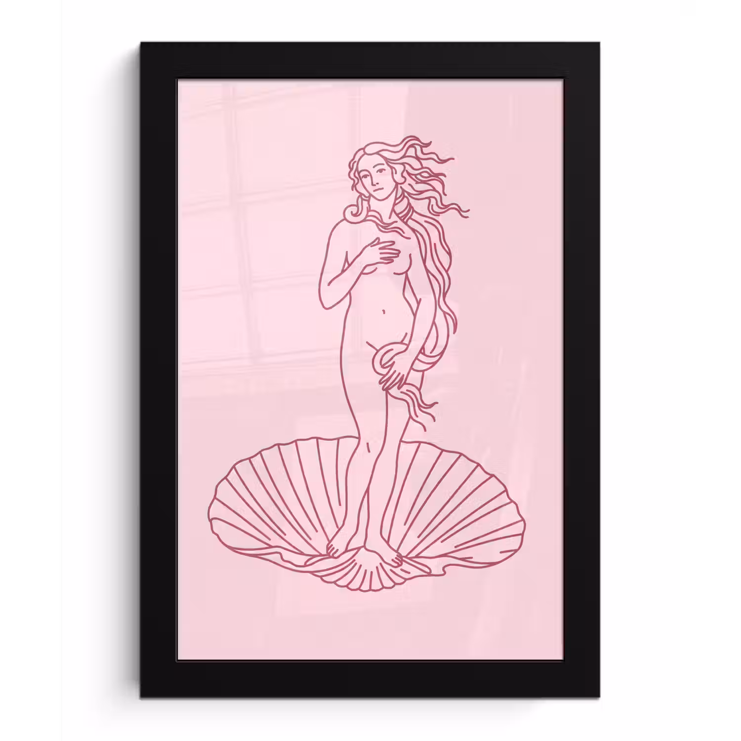 Vrouw - Schelp - Kunst - Lijntekening - Roze fotolijst zwart zonder passe partout klein -3d