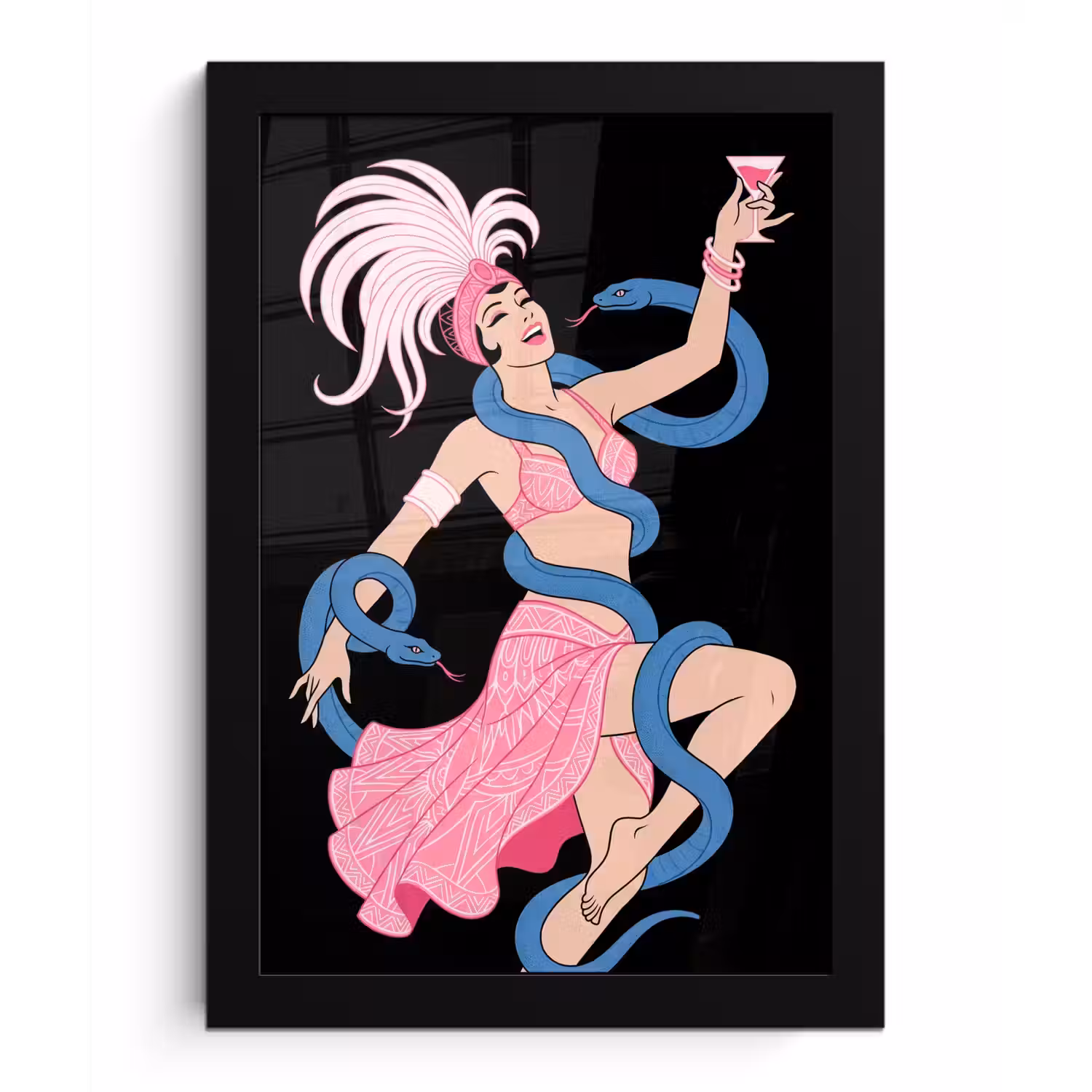 Vrouw - Danseres - Slangen - Art Deco - Roze fotolijst zwart zonder passe partout klein -3d