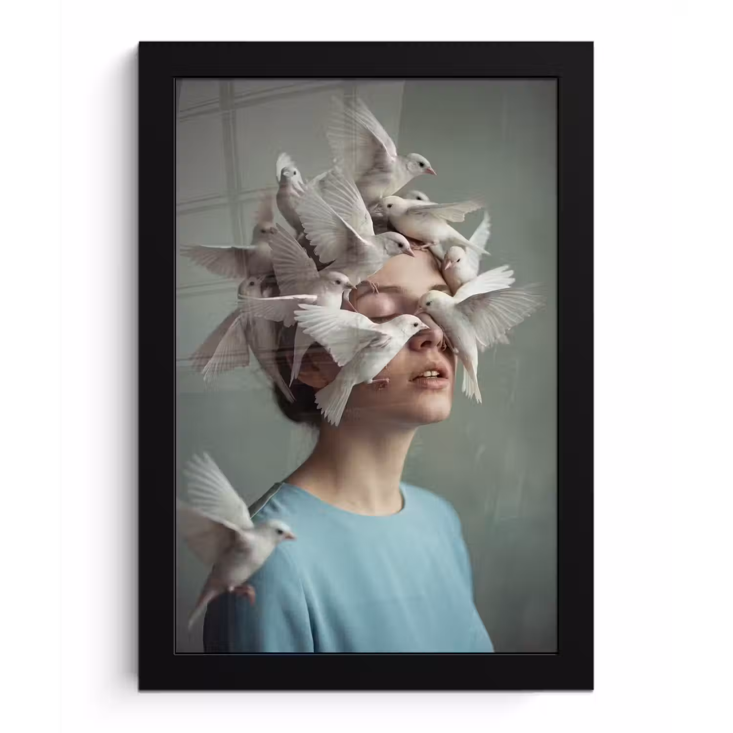 Vrouw - Vogels - Abstract - Modern - Wit fotolijst zwart zonder passe partout klein -3d