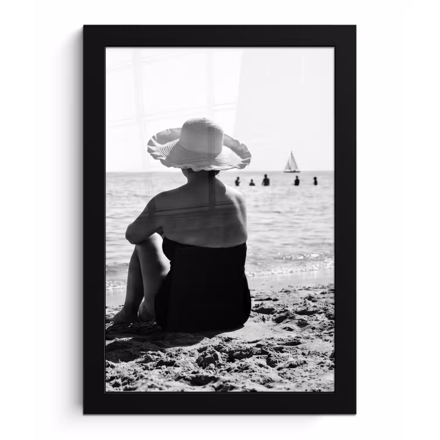 Vrouwen - Zonnehoed - Strand - Zwart - Wit fotolijst zwart zonder passe partout klein -3d