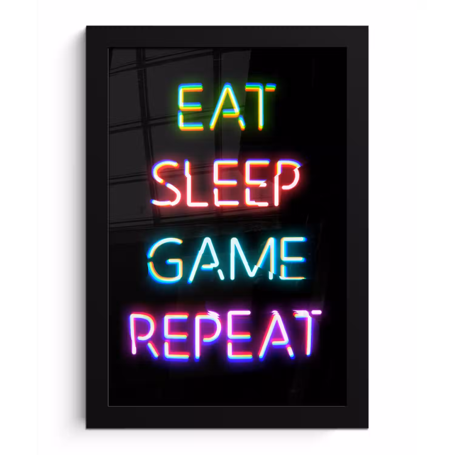 Gaming - Led - Quote - Eat sleep game repeat - Gamen fotolijst zwart zonder passe partout klein -3d