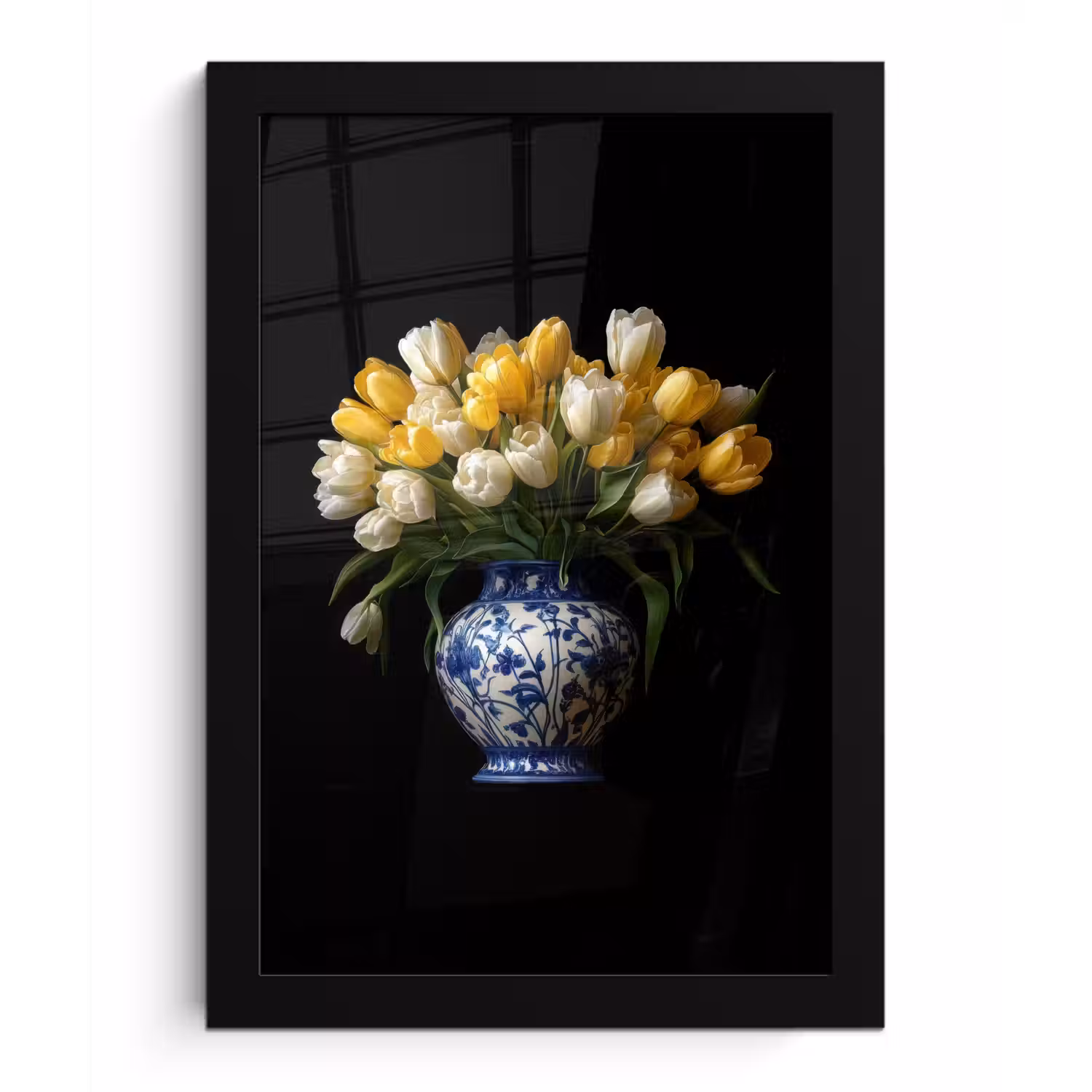 Geel - Tulpen - Vaas - Bloemen fotolijst zwart zonder passe partout klein -3d