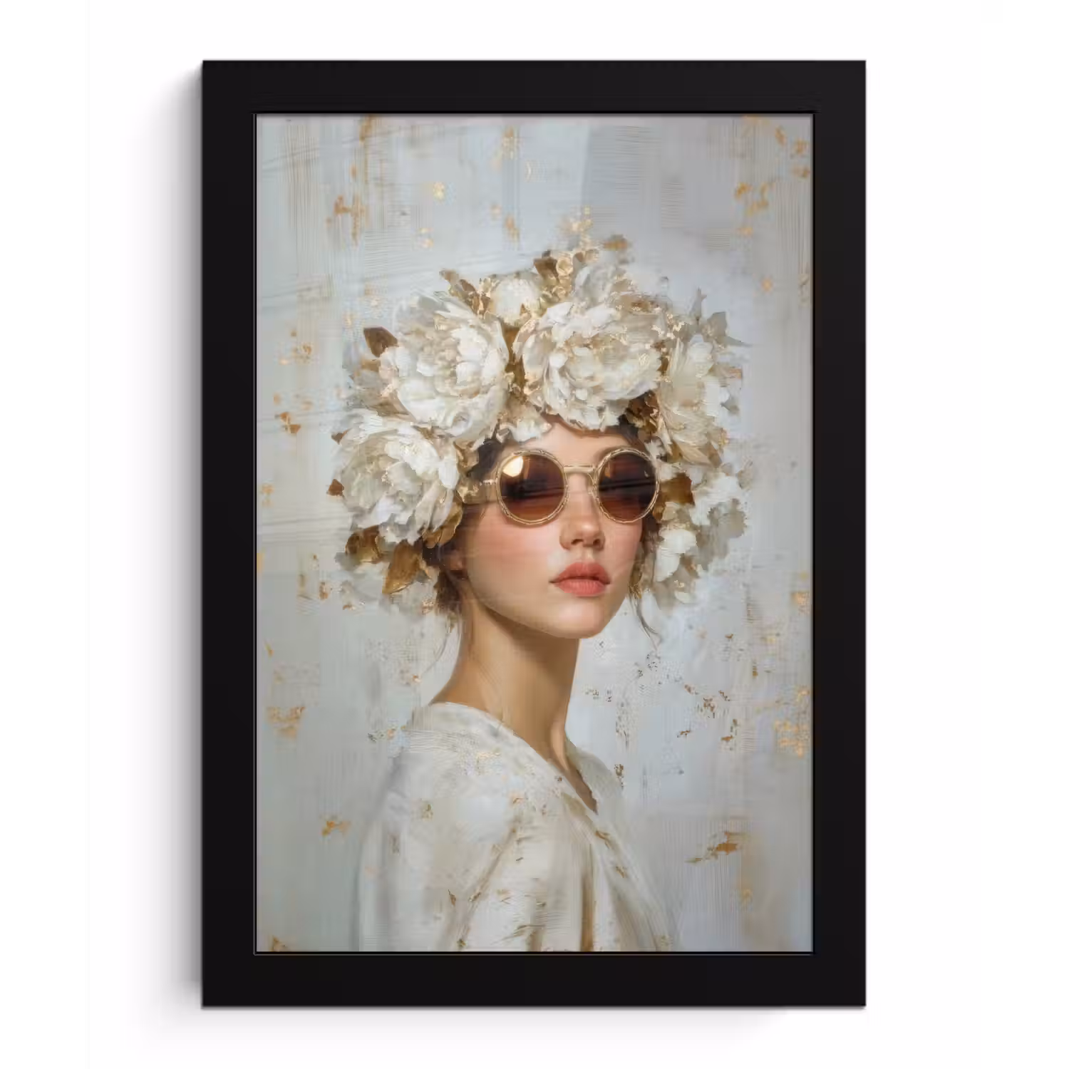 Schilderij - Vrouw - Zonnebril - Bloemenkrans fotolijst zwart zonder passe partout klein -3d