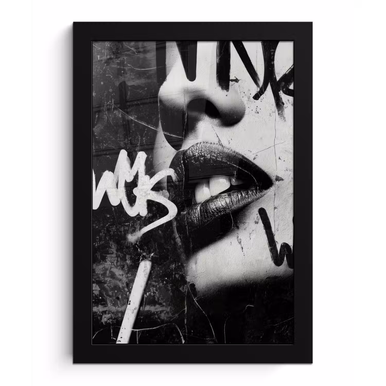 Gezicht - Mond - Graffiti - Zwart fotolijst zwart zonder passe partout klein -3d