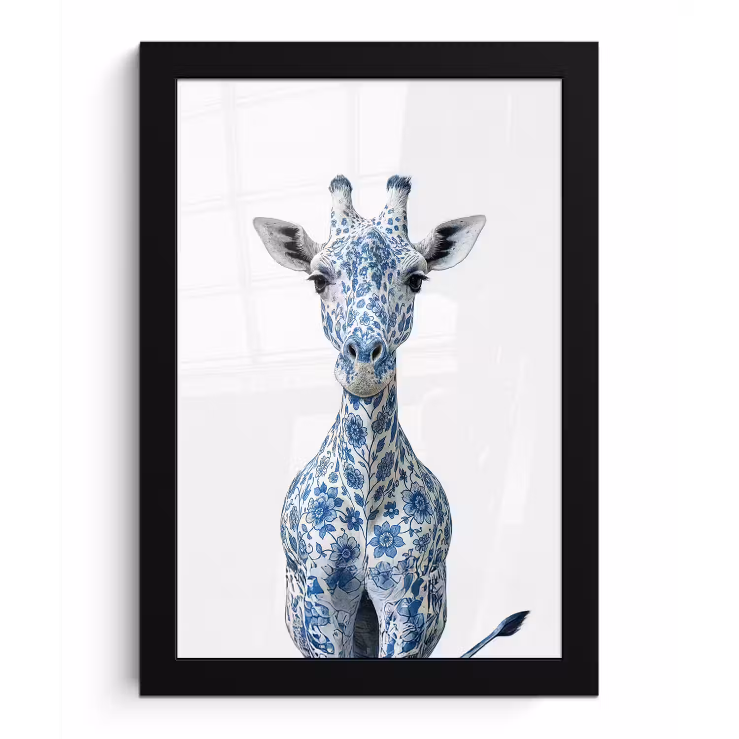 Giraffe - Delfts blauw - Dieren - Minimalistisch fotolijst zwart zonder passe partout klein -3d