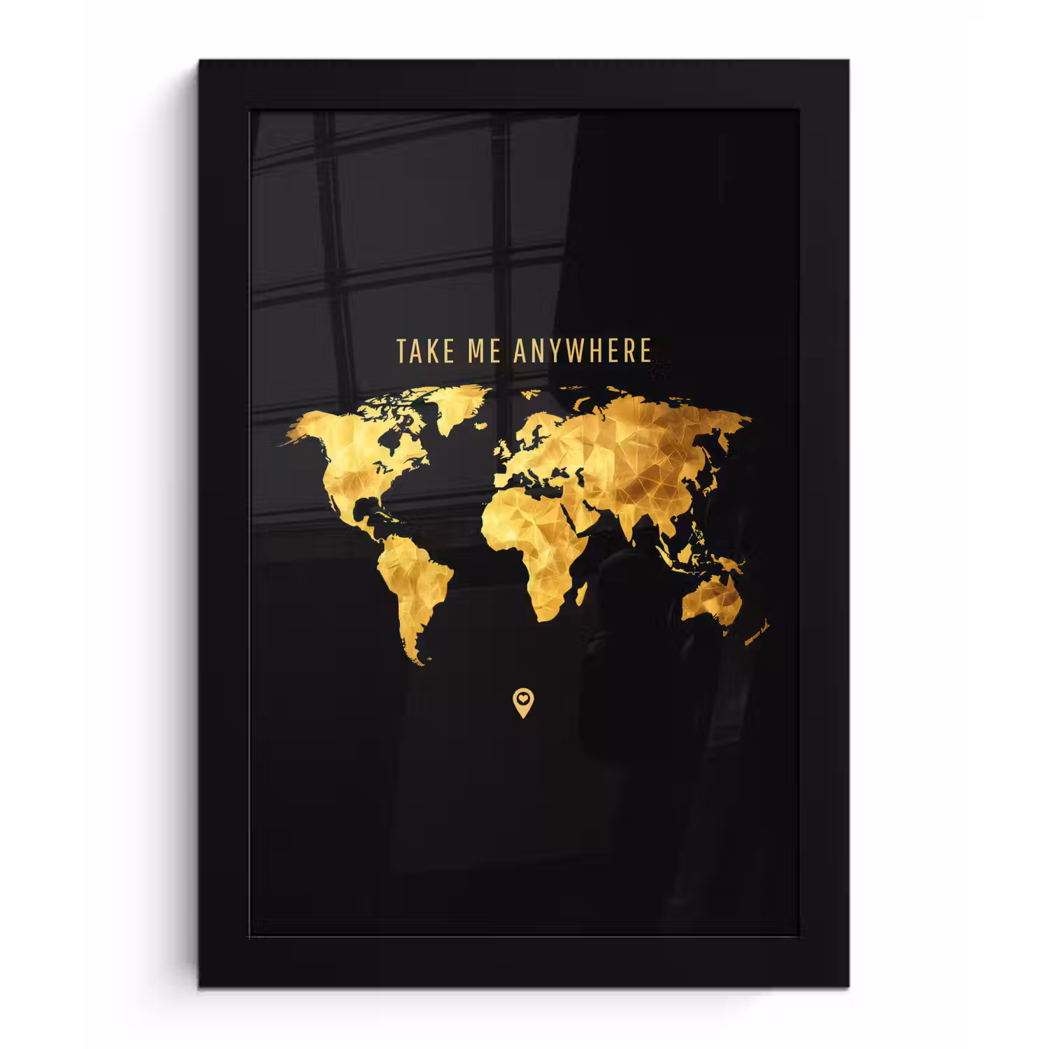 Goud - Wereldkaart - Quote fotolijst zwart zonder passe partout klein -3d