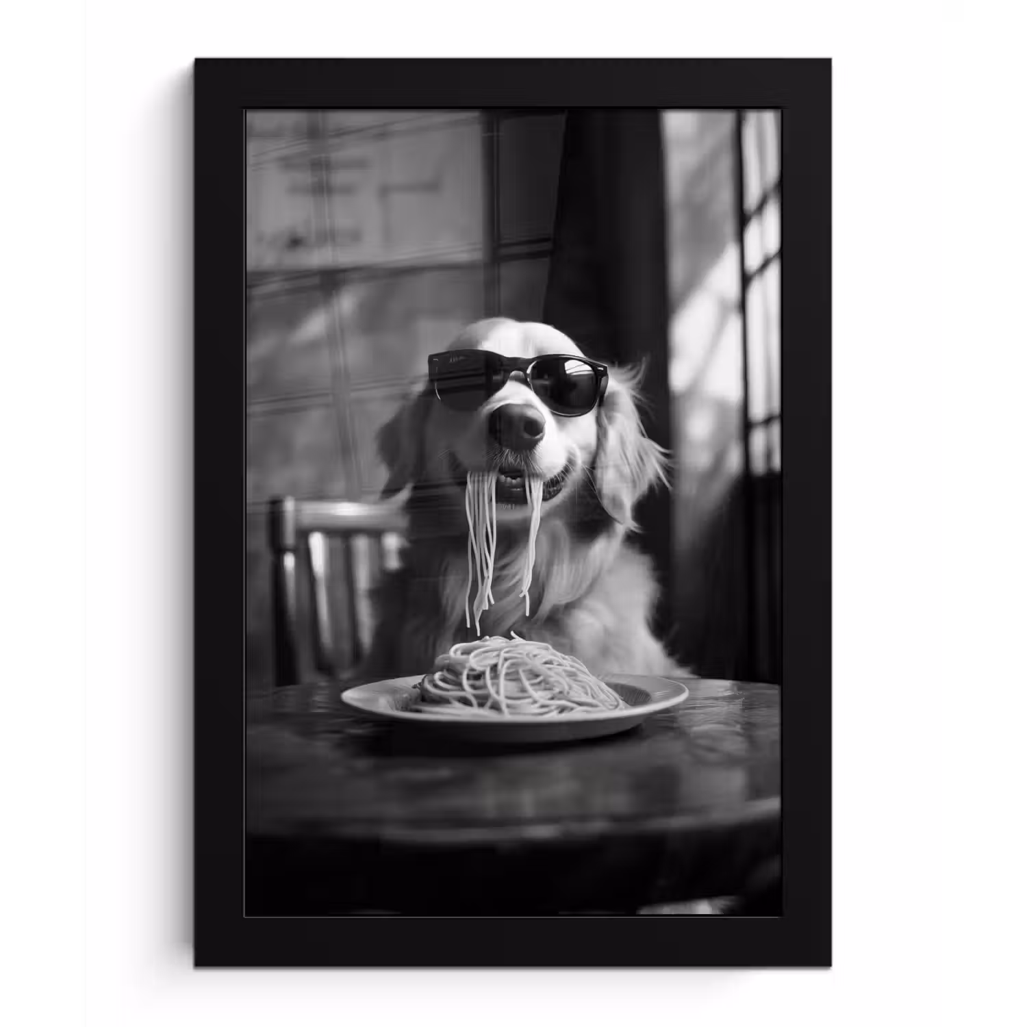 Golden Retriever - Hond - Vrolijk - Bord spaghetti - Zwart - wit fotolijst zwart zonder passe partout klein -3d