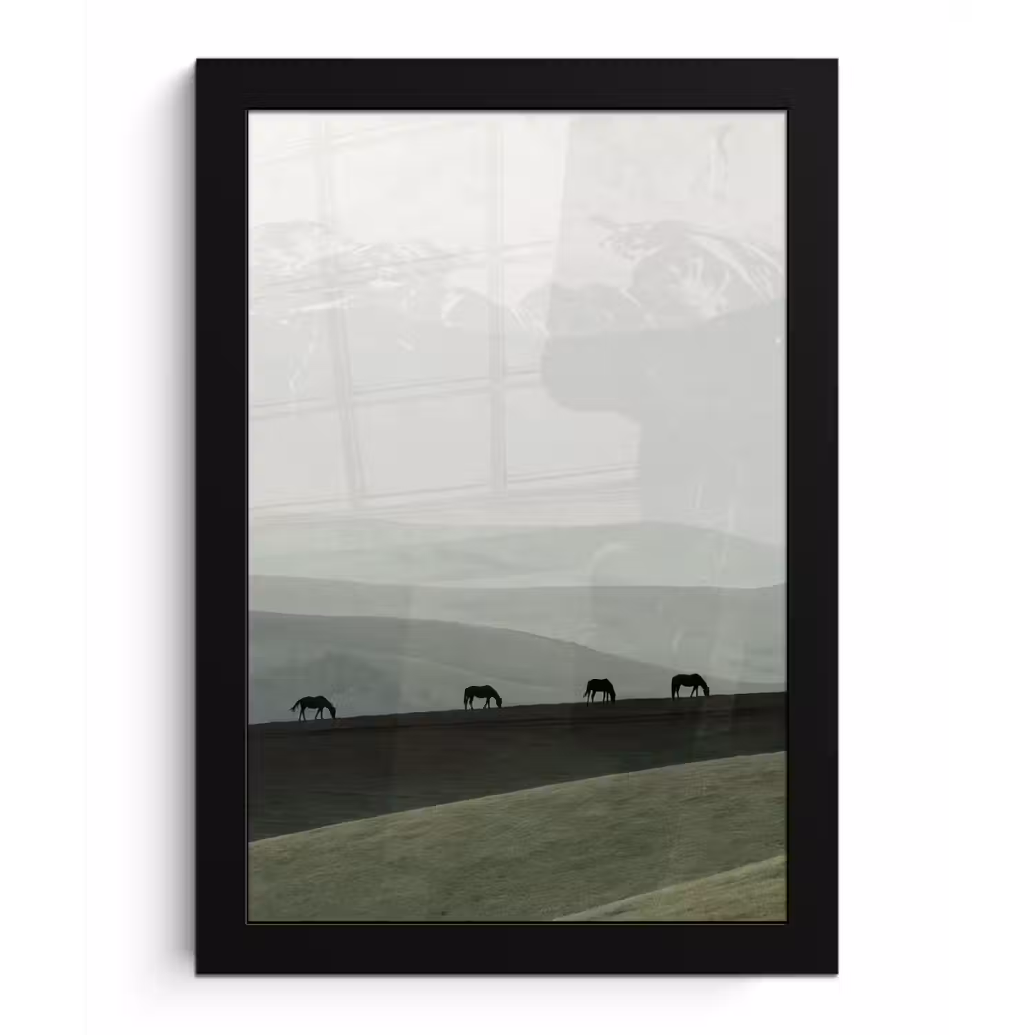 Grijs - Berg - Paarden fotolijst zwart zonder passe partout klein -3d