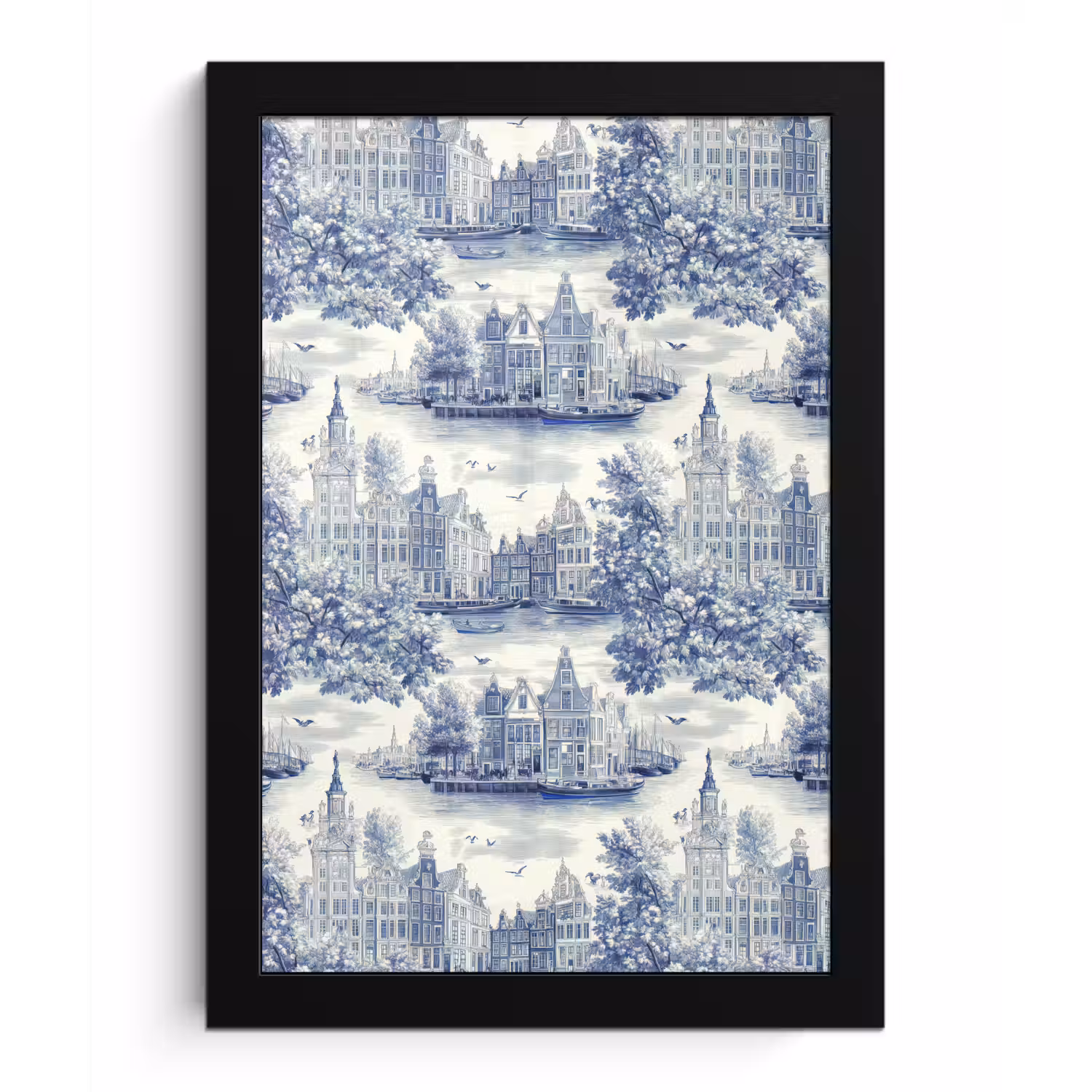 Huizen - Bomen - Water - Vogels - Blauw fotolijst zwart zonder passe partout klein 224 -3d
