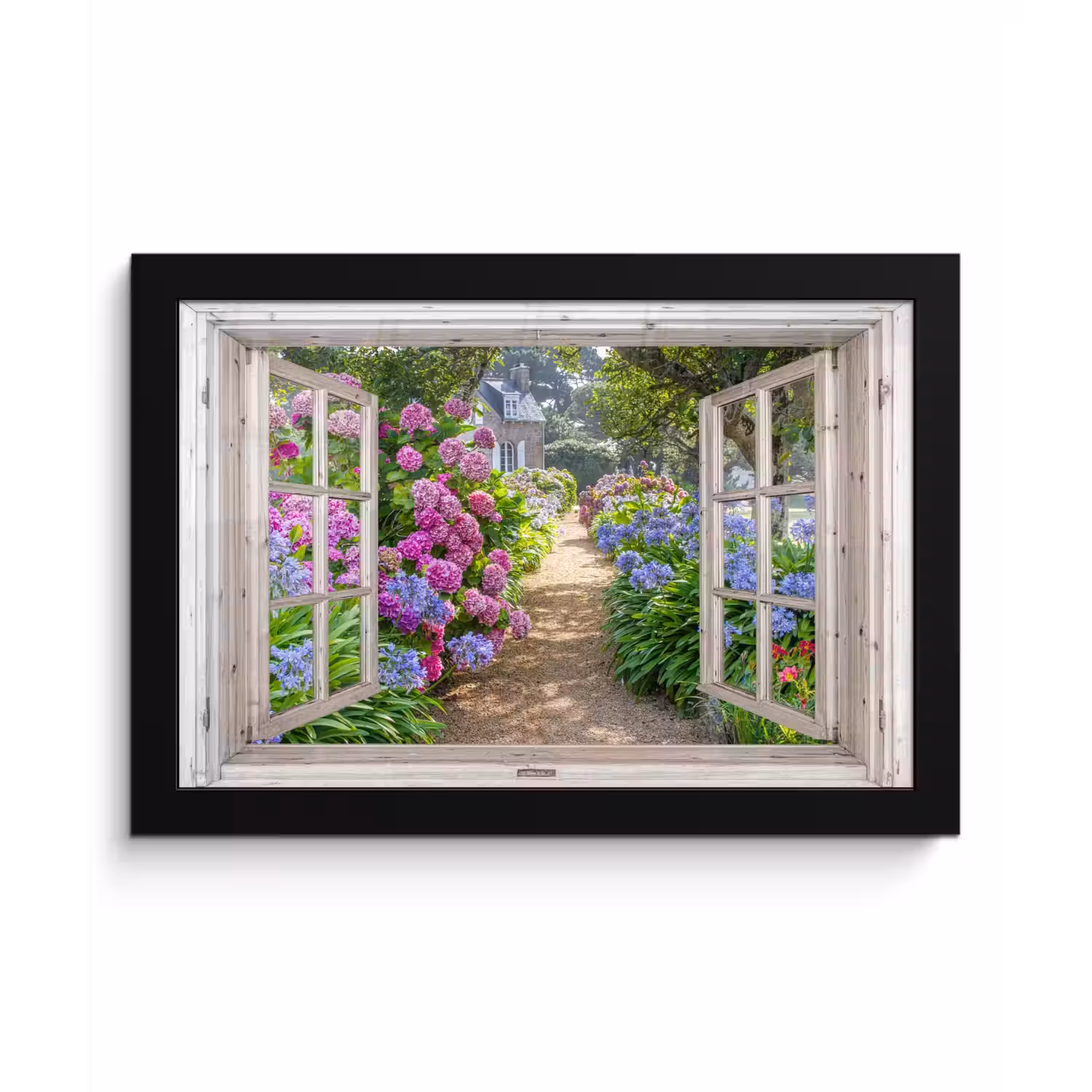 Hortensia - Doorkijk - Bloemen - Zomer - Paars - Pad fotolijst zwart zonder passe partout klein -3d