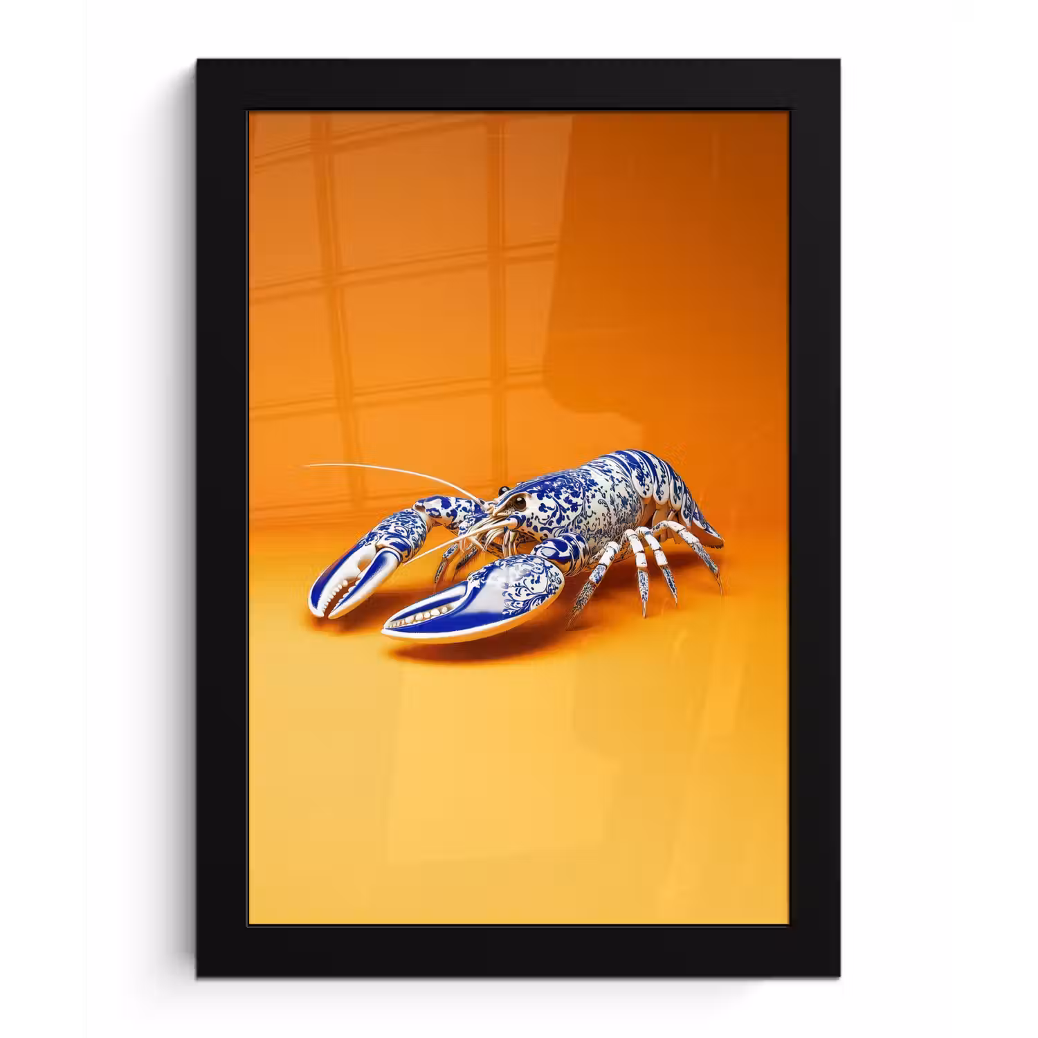 Kreeft - Delftsblauw - Schild - Stoer - Oranje fotolijst zwart zonder passe partout klein -3d