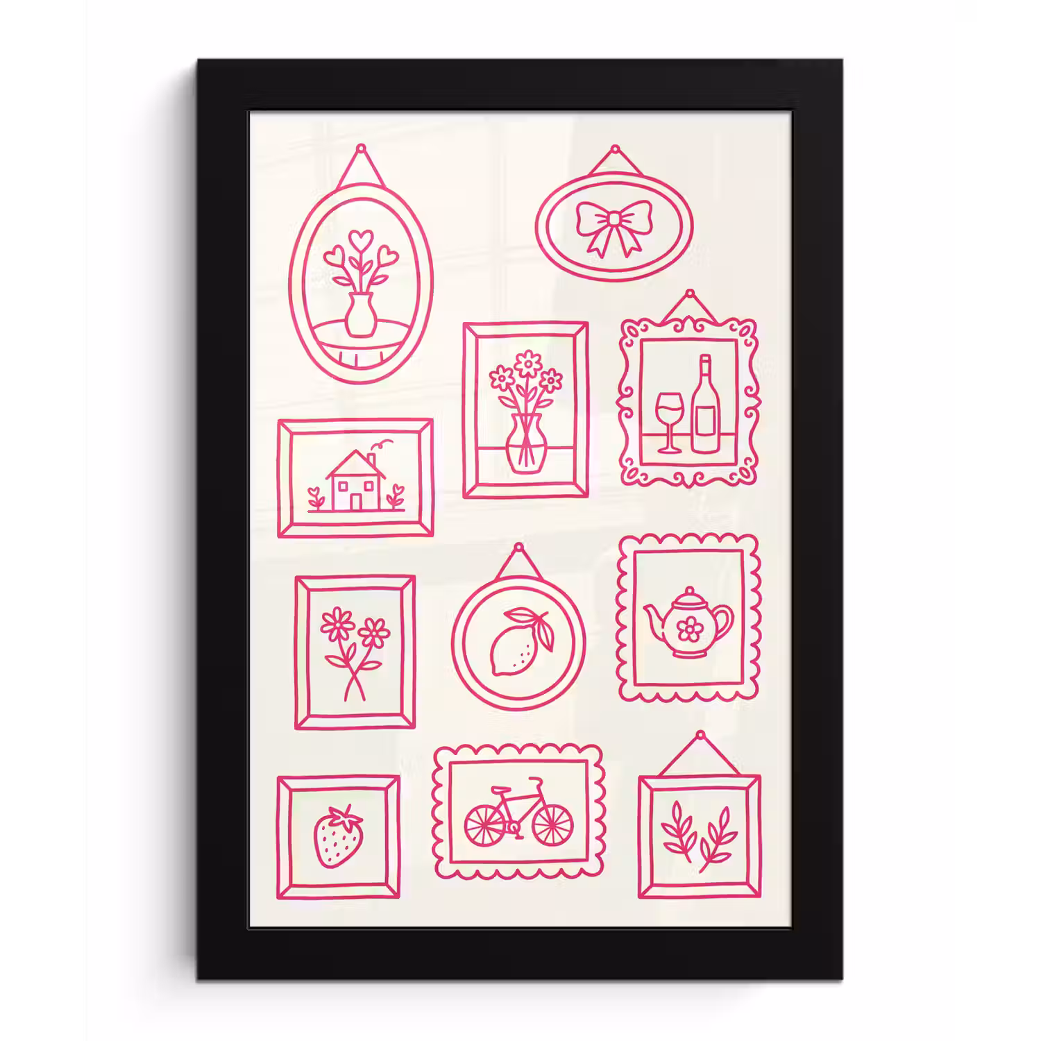 Illustratie - Collectie - Kunst - Minimalistisch - Roze fotolijst zwart zonder passe partout klein -3d
