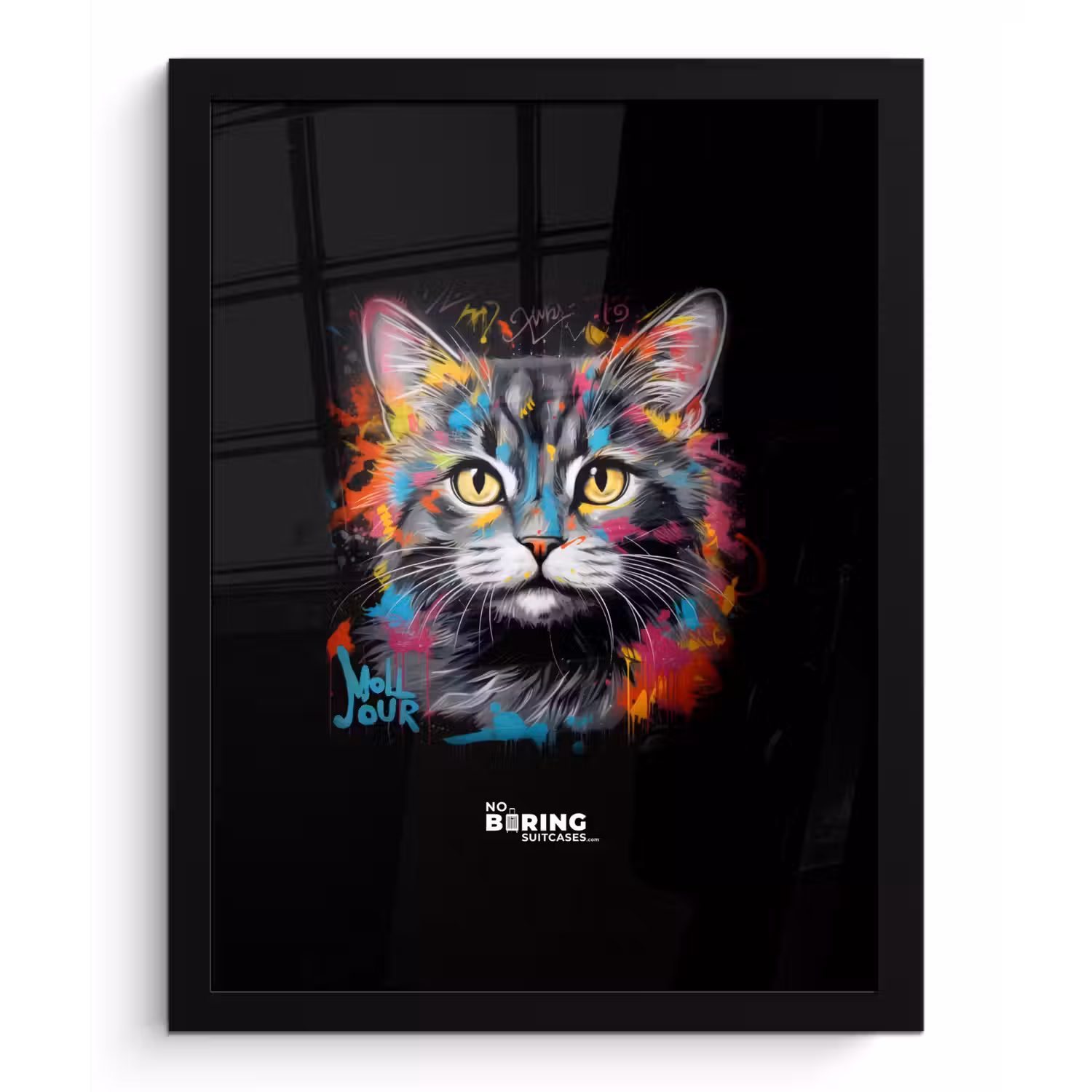 Kat met kleurrijke penseelstreken fotolijst zwart zonder passe partout klein -3d