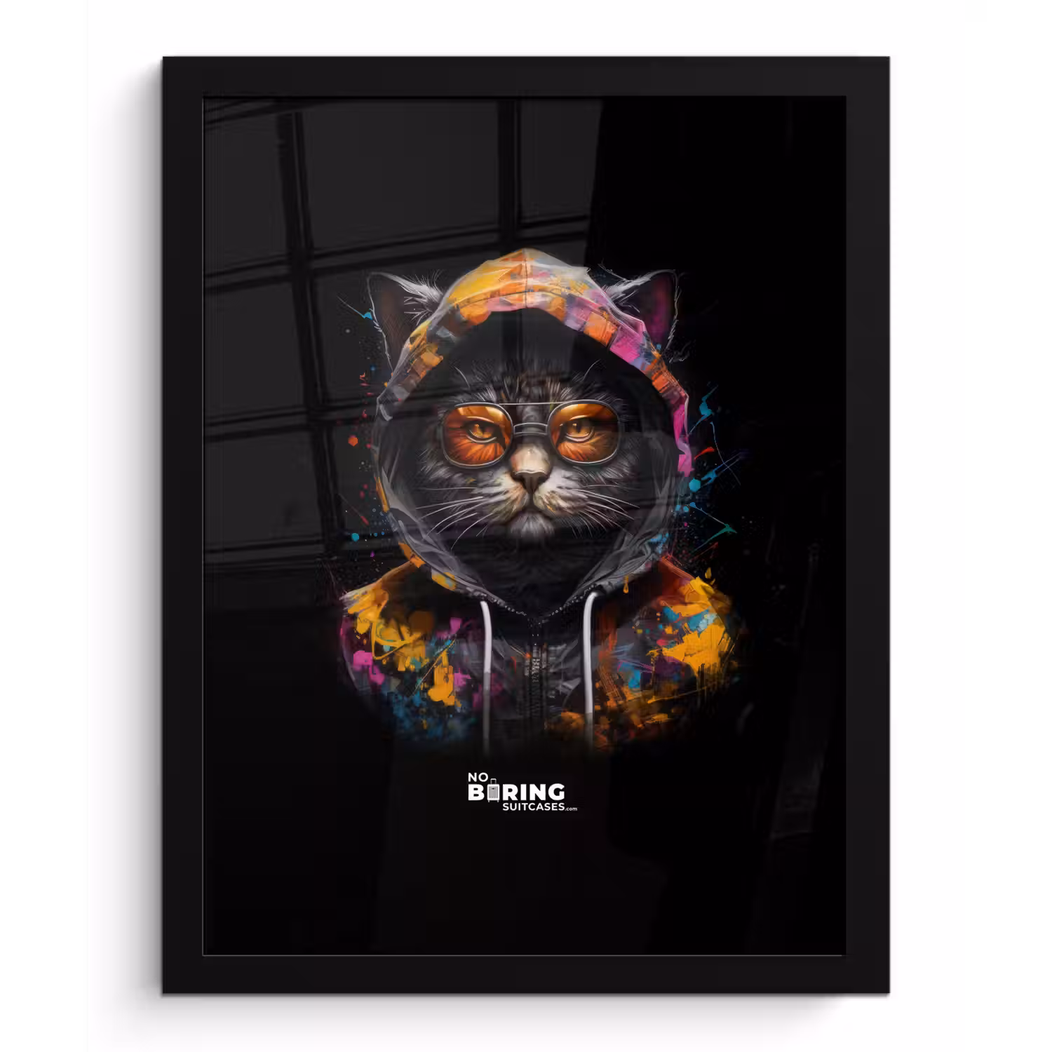 Kat met kleurrijk vest en oranje bril fotolijst zwart zonder passe partout klein -3d