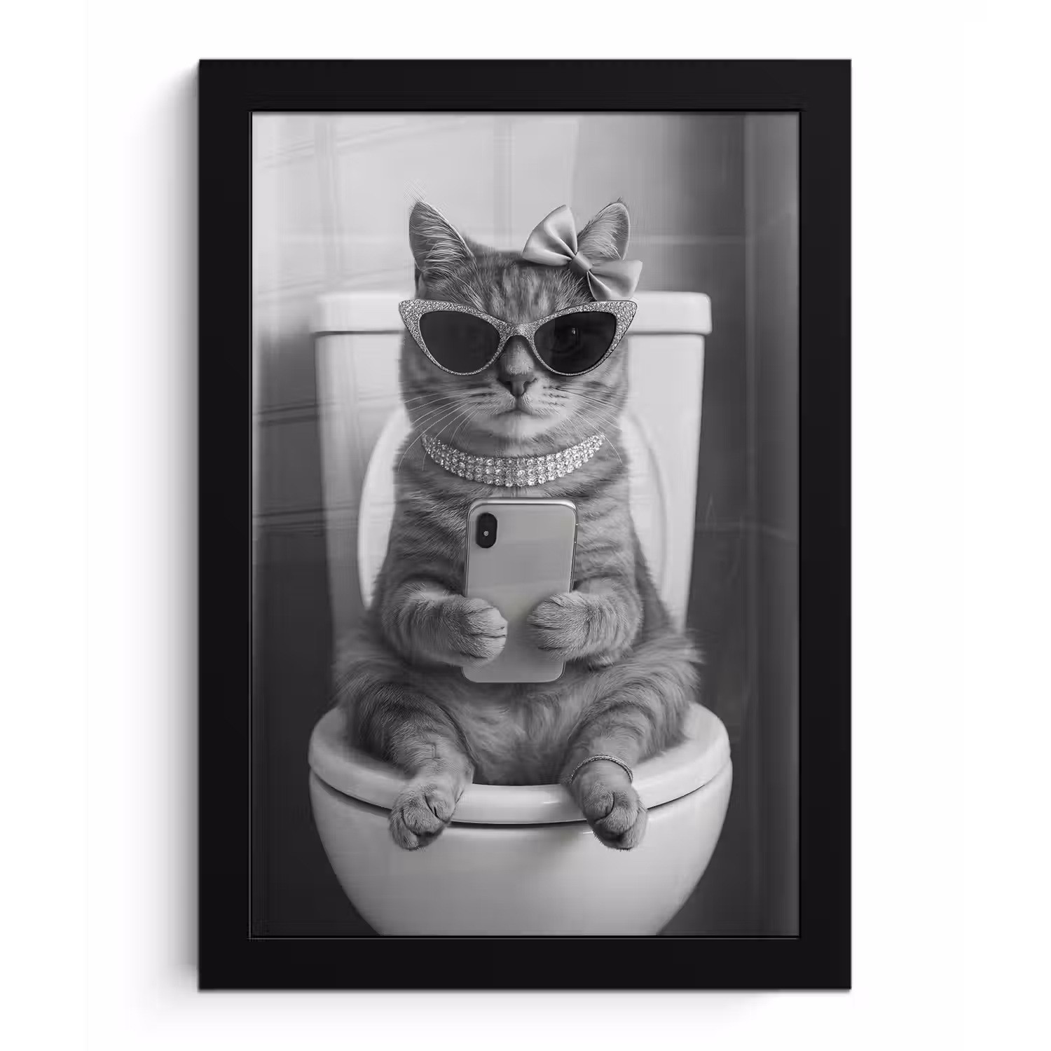 Kat - Telefoon - Toilet - Zwart - Wit fotolijst zwart zonder passe partout klein -3d
