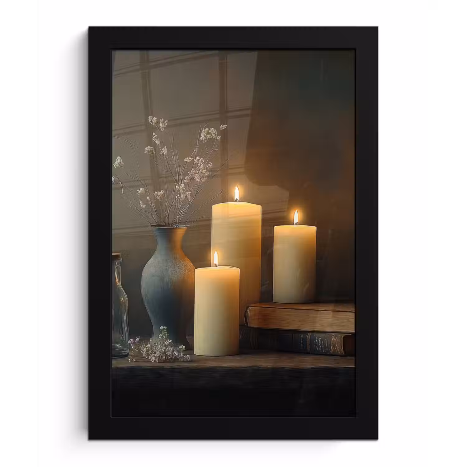Kaarsen - Stilleven - Rustiek - Boeken fotolijst zwart zonder passe partout klein -3d