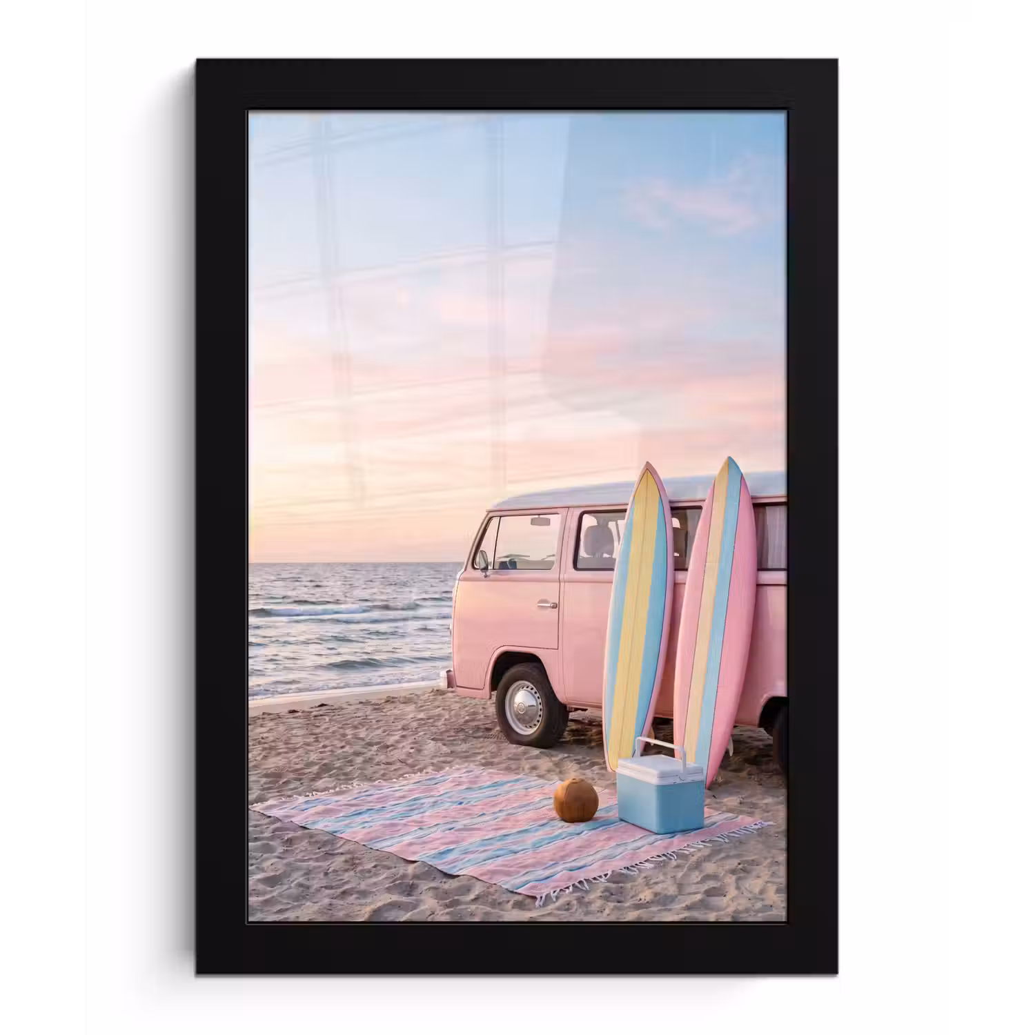 Busje - Strand - Surfplank - Zomer - Roze fotolijst zwart zonder passe partout klein -3d