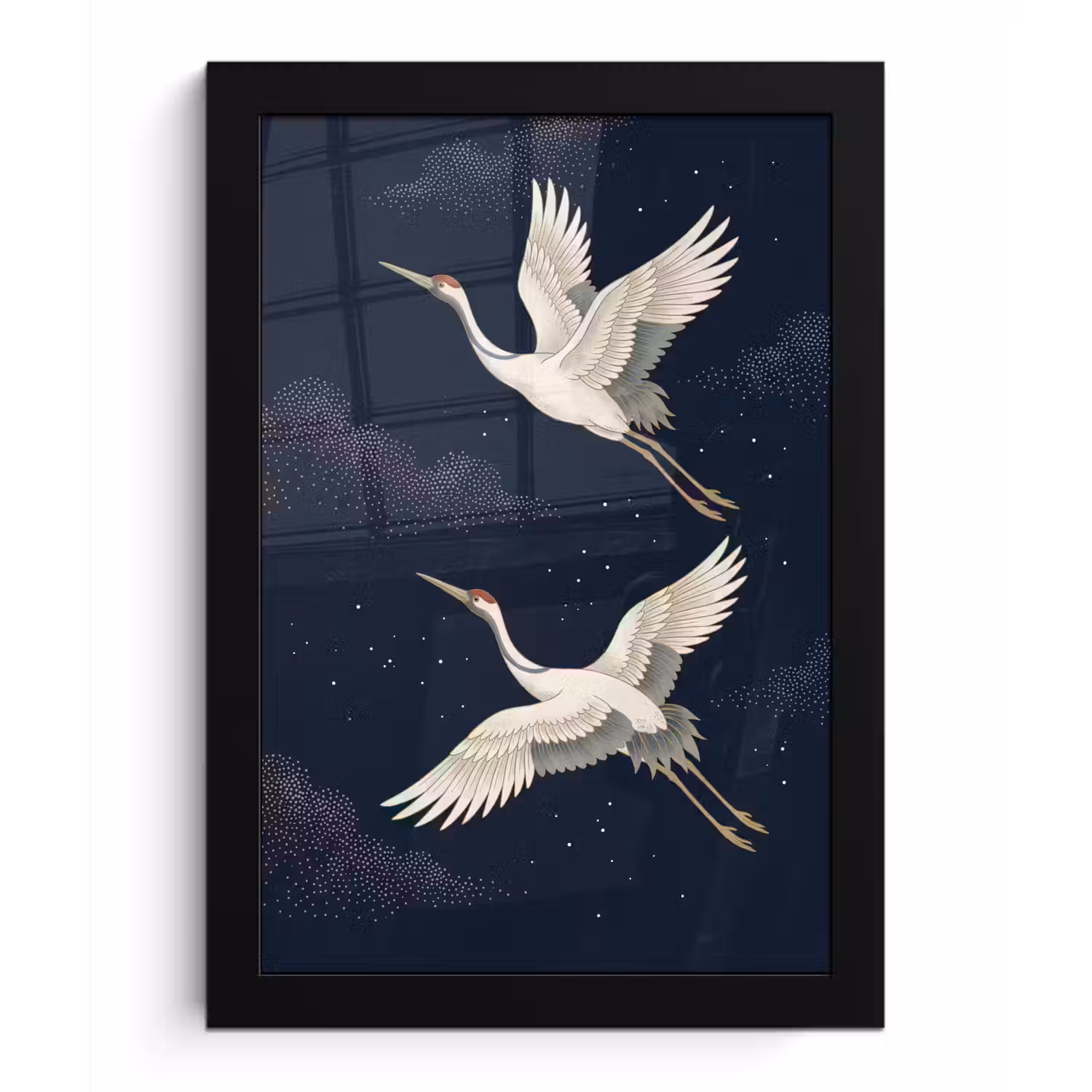 Kraanvogels - Nachthemel - Blauw fotolijst zwart zonder passe partout klein -3d