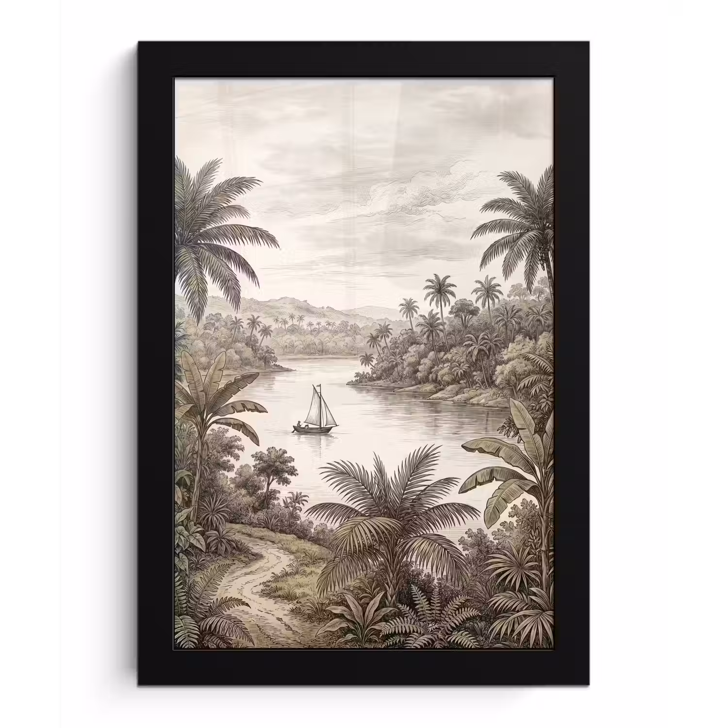 Landschap - Rivier - Boot - Tropisch - Vintage fotolijst zwart zonder passe partout klein -3d