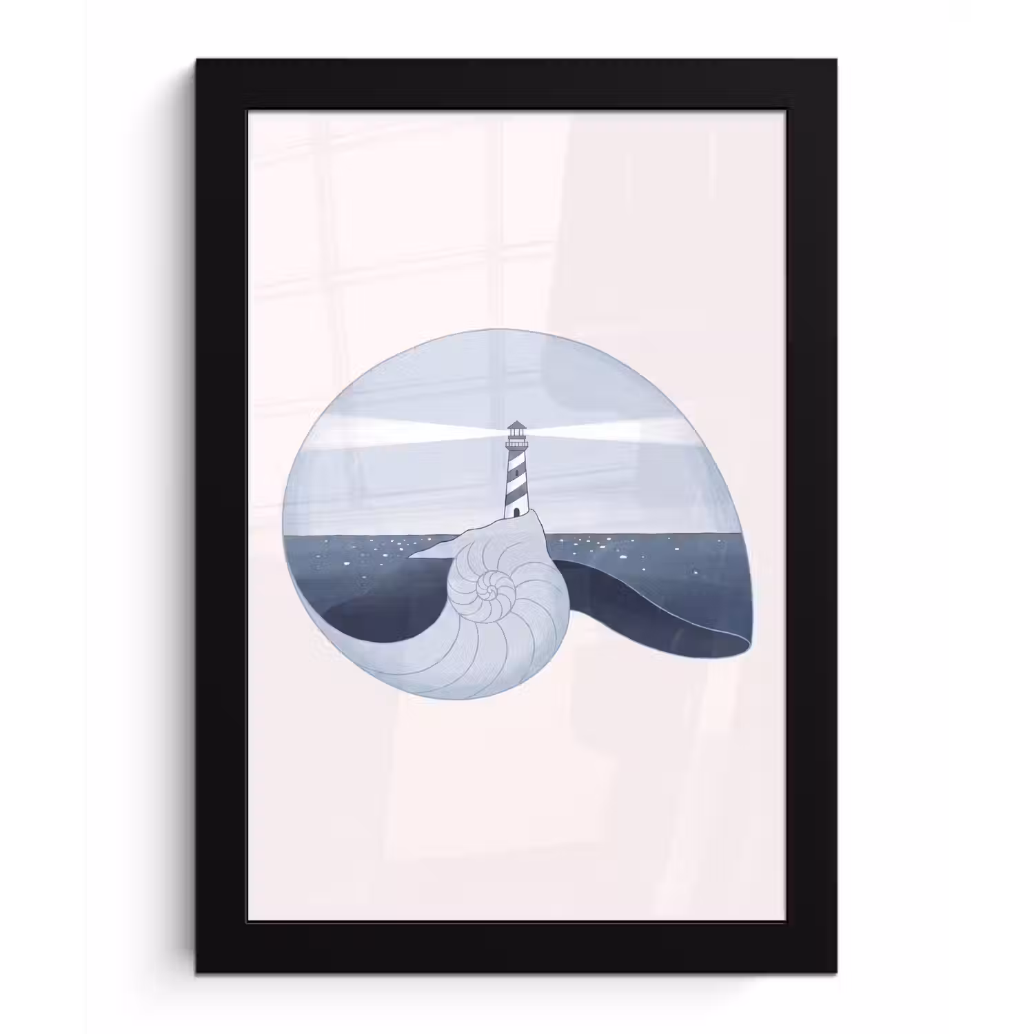 Vuurtoren - Zee - Schelp - Abstract - Blauw fotolijst zwart zonder passe partout klein -3d