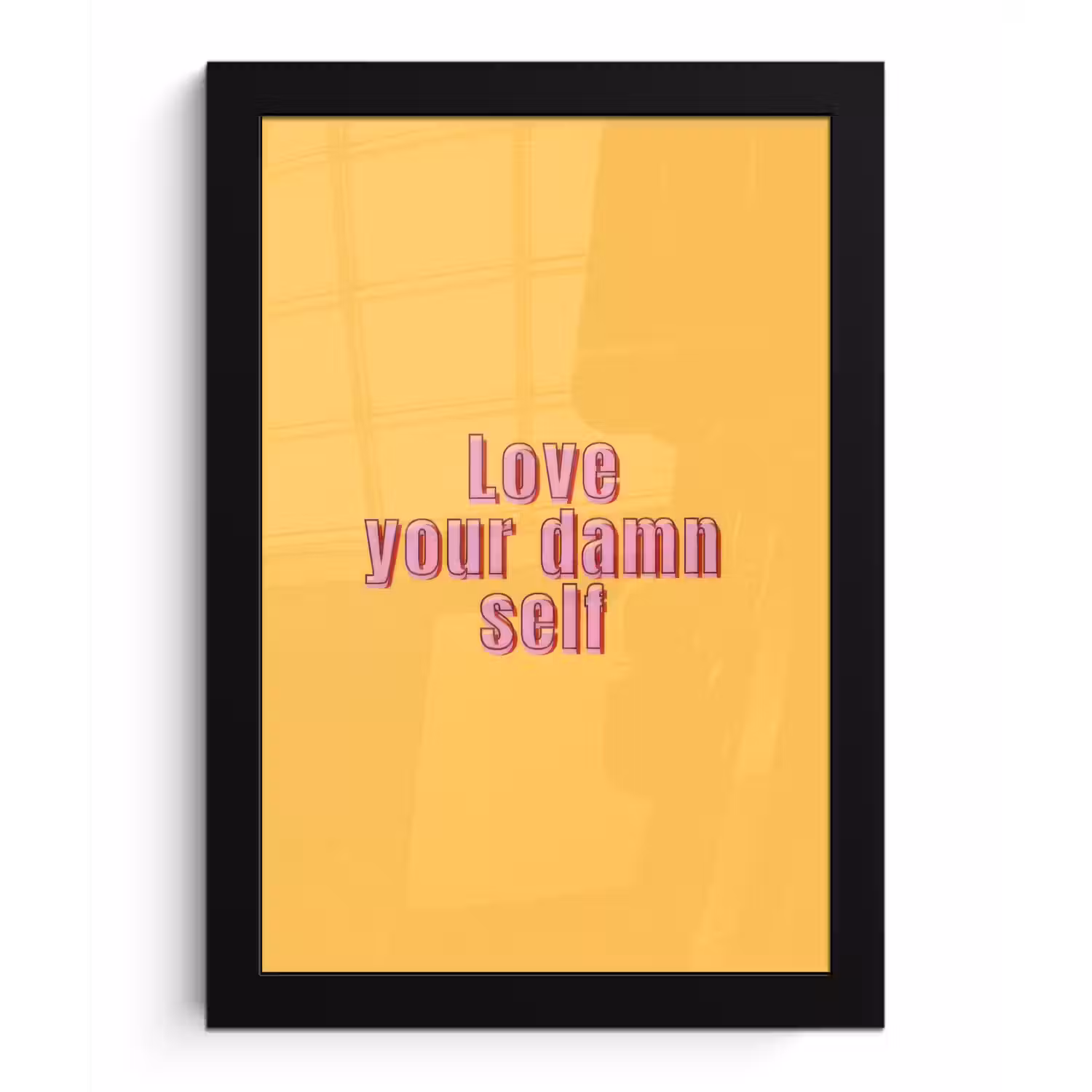 Love yourself - Roze - Geel fotolijst zwart zonder passe partout klein -3d
