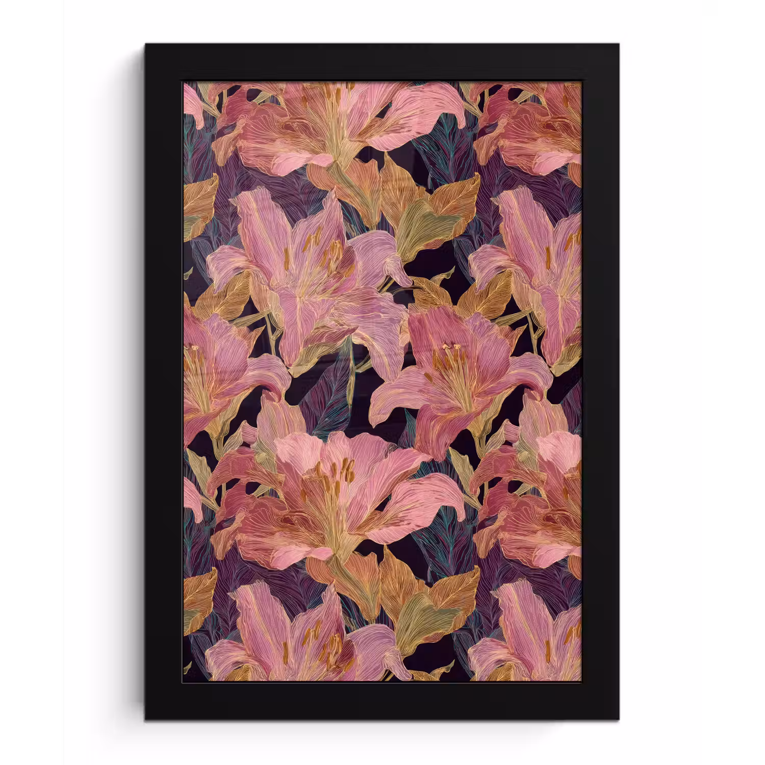 Lelies - Patroon - Roze - Goud fotolijst zwart zonder passe partout klein 224 -3d