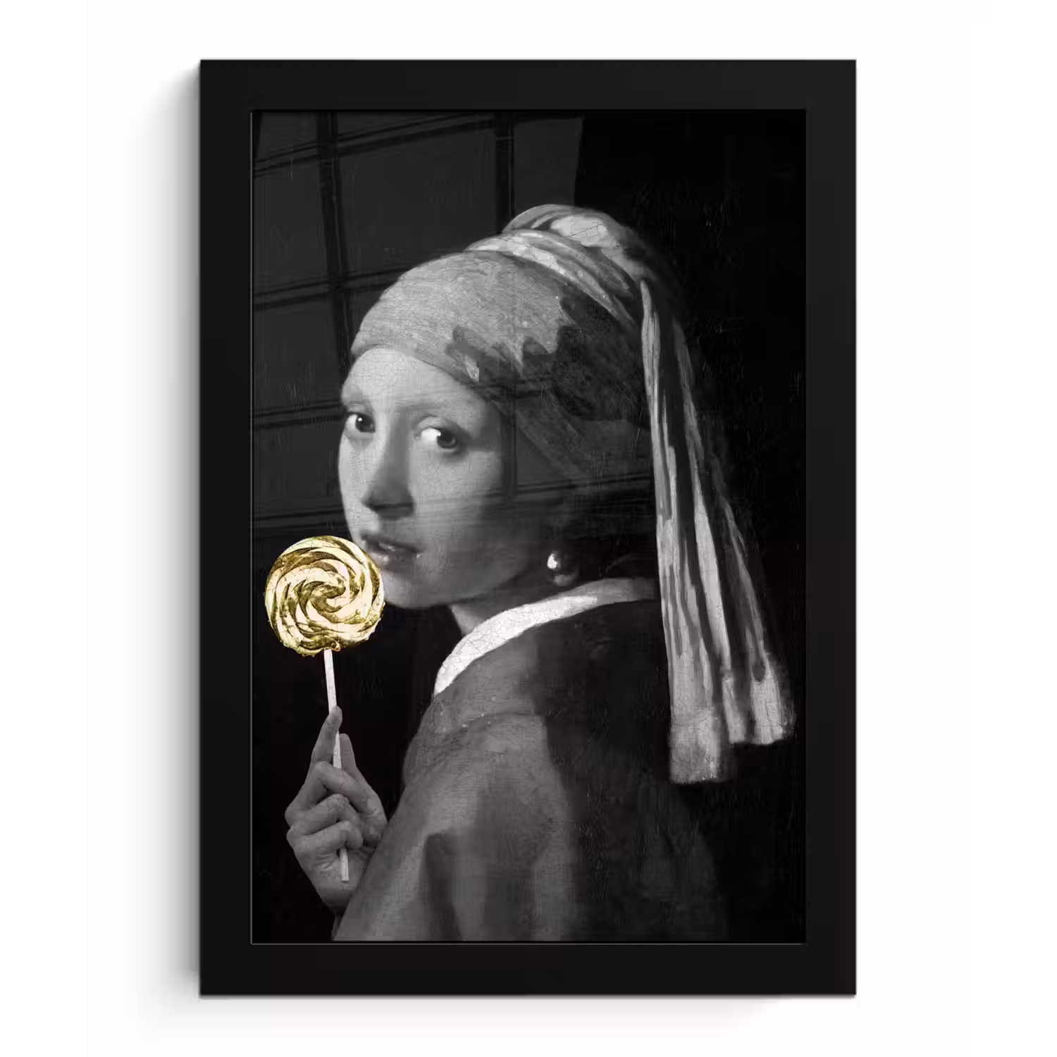 Meisje met de parel - Johannes Vermeer - Lolly - Goud fotolijst zwart zonder passe partout klein -3d