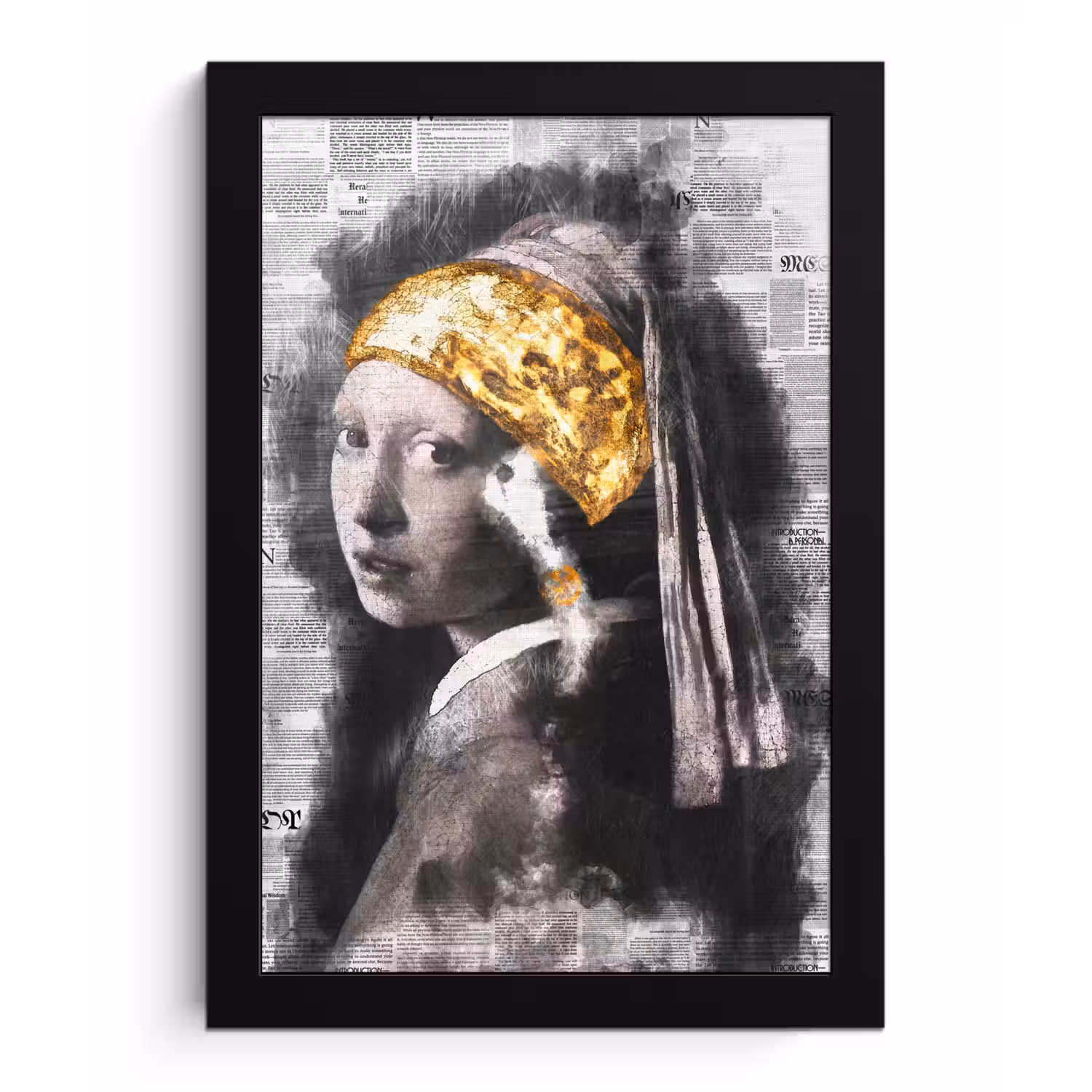 Meisje met de parel - Johannes Vermeer - Krant - Goud fotolijst zwart zonder passe partout klein -3d