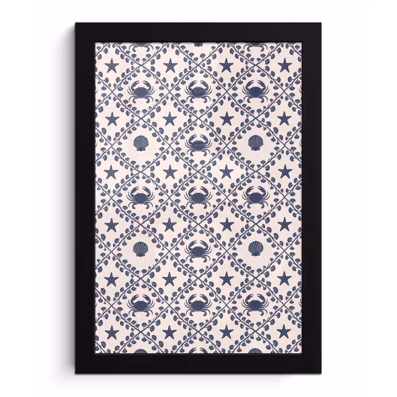 Zee - Krab - Zeester - Patroon - Blauw fotolijst zwart zonder passe partout klein -3d