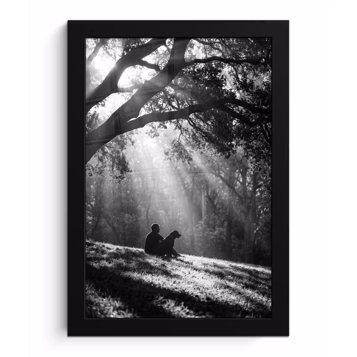 Mens - Hond - Natuur - Zwart-wit - Silhouet fotolijst zwart zonder passe partout klein -3d